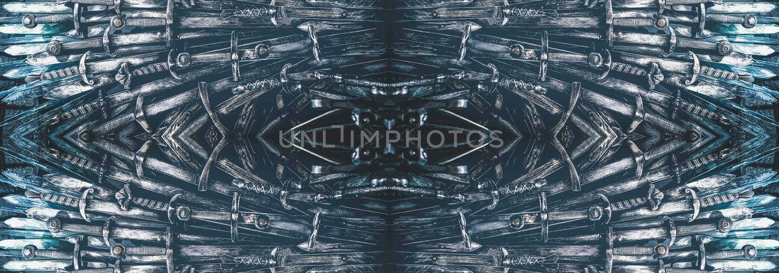 Metal knight swords horizontal background. Close up. The concept Knights.