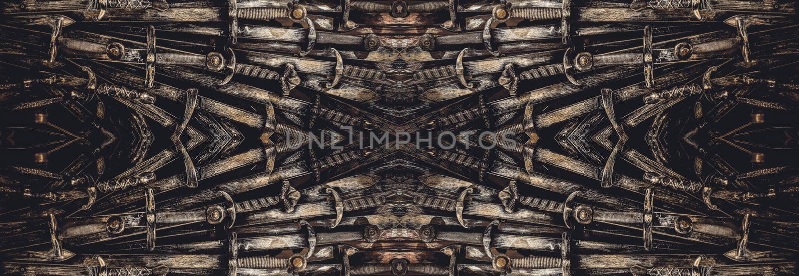Metal knight swords horizontal background. Close up. The concept Knights.