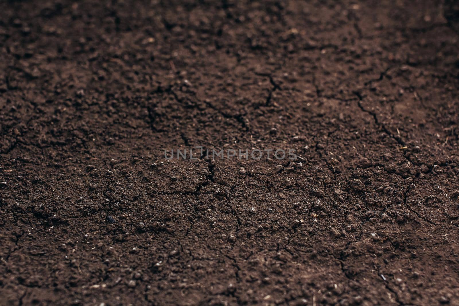 Dark soil texture closeup of dry soil background