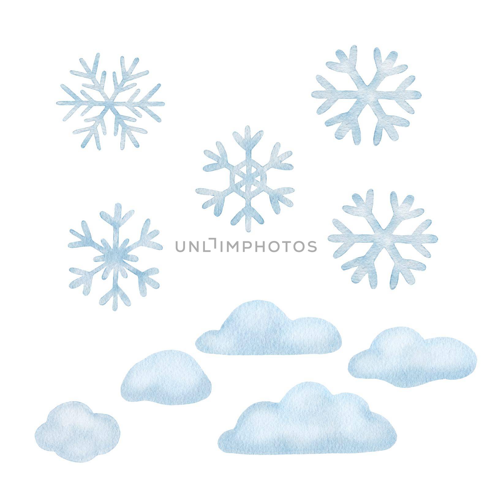 set of watercolor snowflakes and snowdrifts isolated on white background