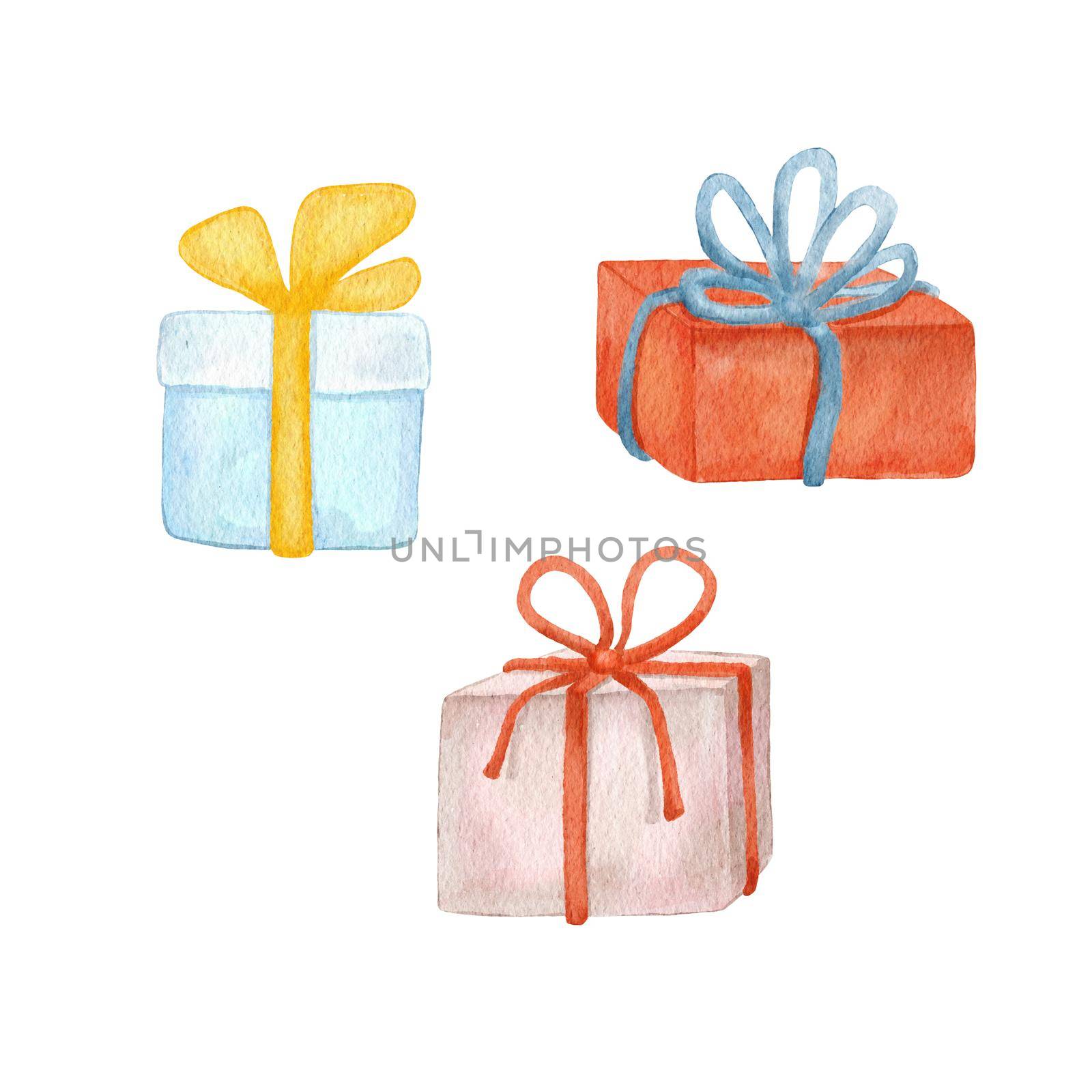 Set of different gift boxes with bow. Hand drawn watercolor illustration isolated on white.