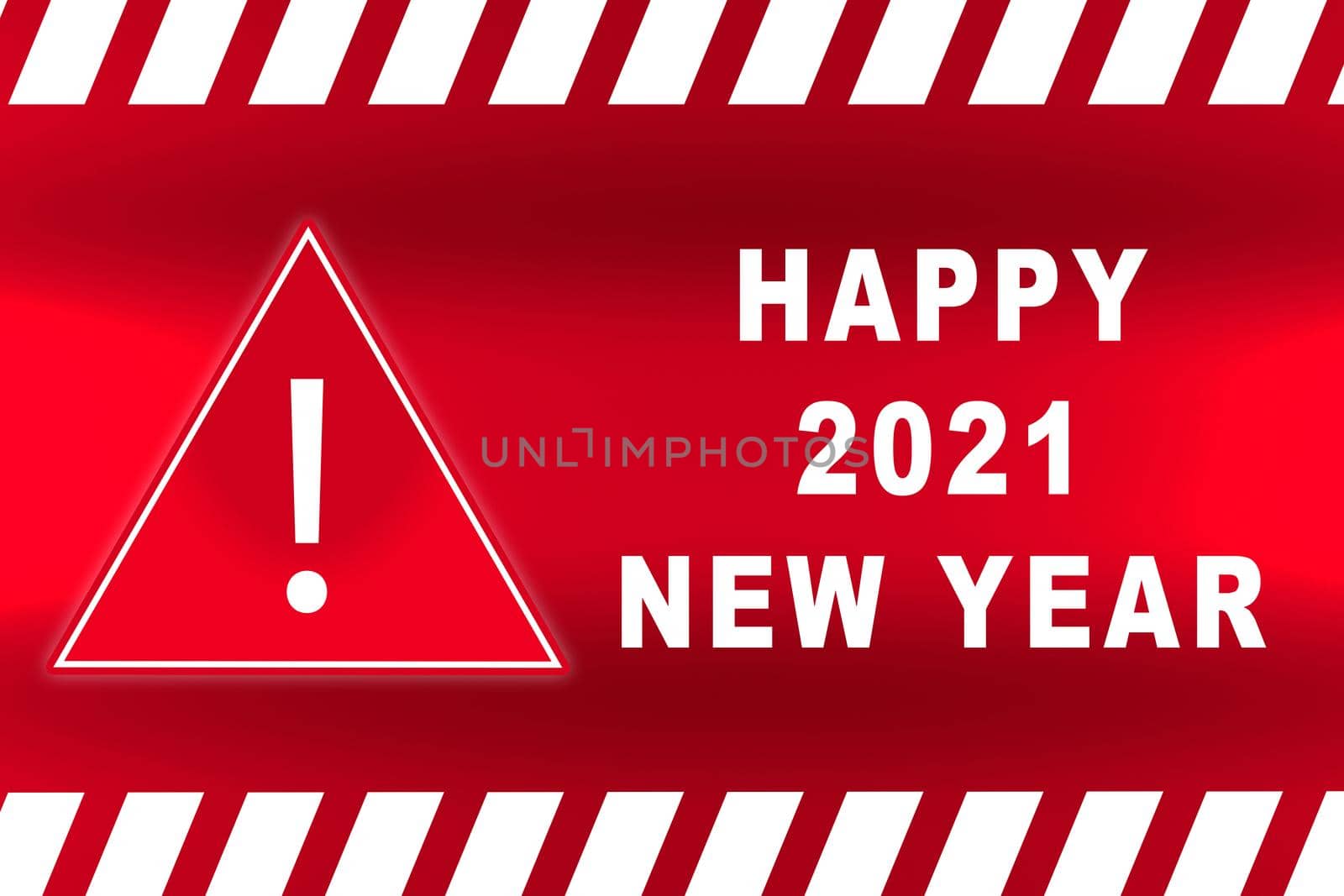 Inscription Happy New Year text exclamation mark in triangle frame attention caution danger sign and warning line hazard warnings to attract attention 