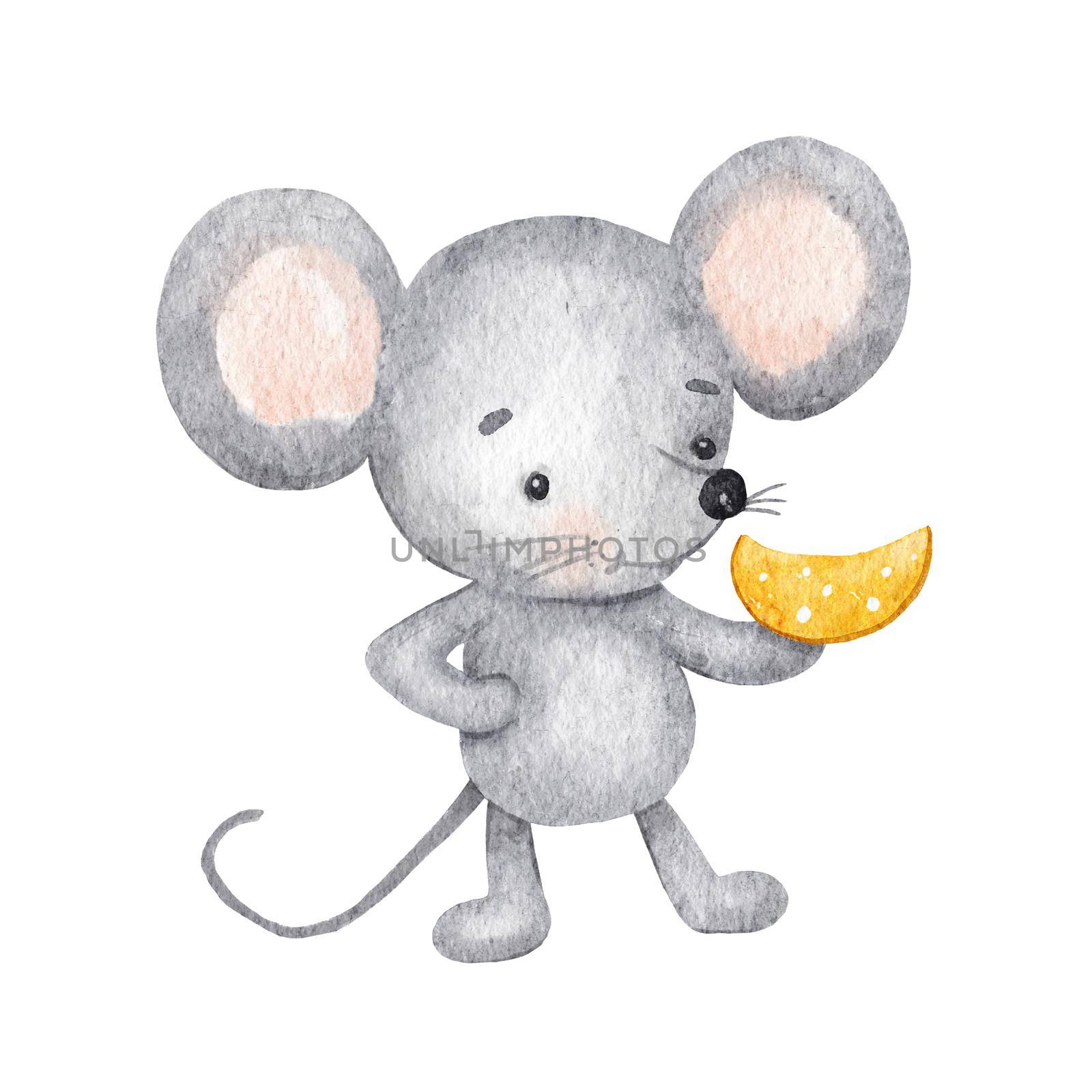 Cute funny mouse with cheese. Watercolor character illustration Isolated on white background.