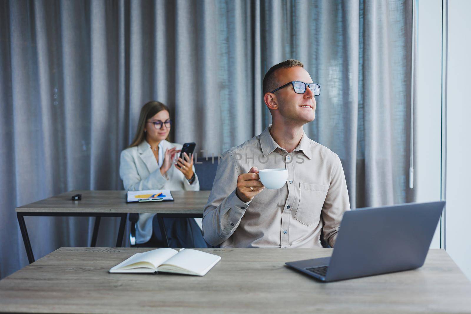 Professional expert working with information for business, corporate money investment report, coffee at work, time on laptop computers, presence of marketing