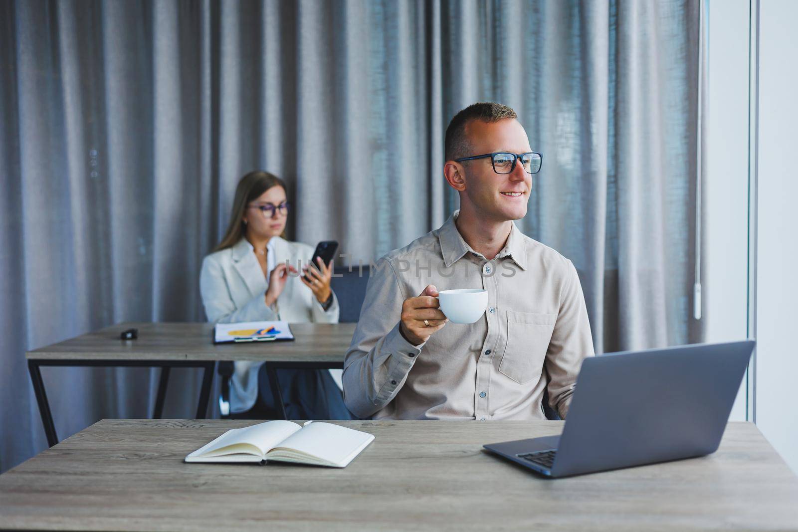 Professional expert working with information for business, corporate money investment report, coffee at work, time on laptop computers, presence of marketing