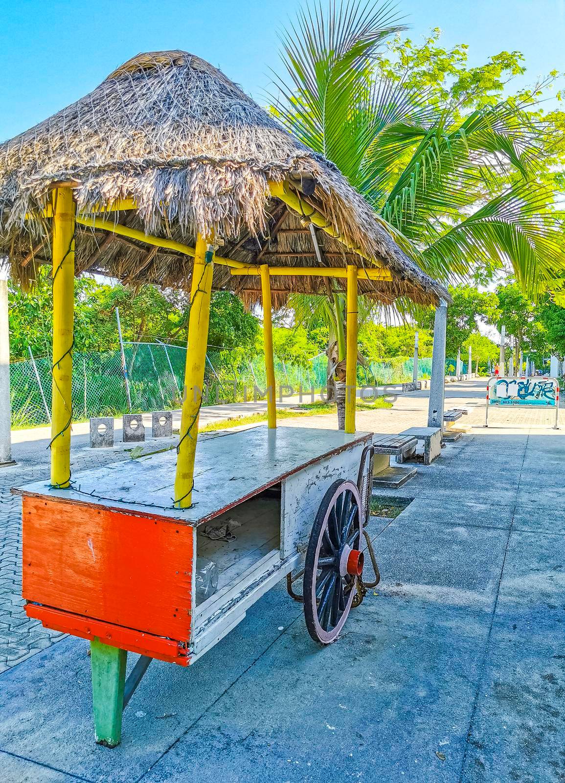 Drivable orange tropical juice shop on wheels in Playa del Carmen Mexico