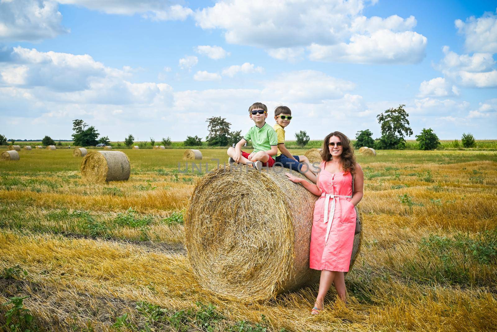 Happy family in a wheat field. Mother and two sibling brother bo by Kobysh