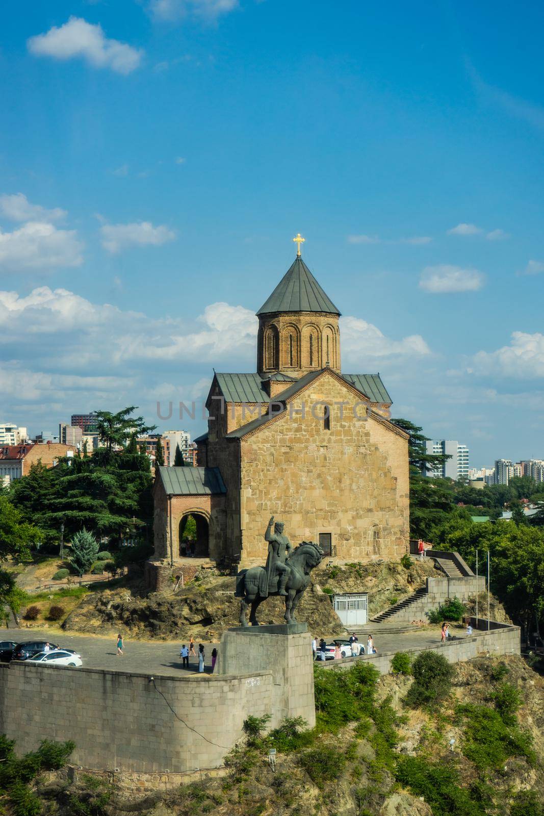 Famous Metekhi church with King Vakhtang statue in Old town of Tbilisi, Georgia