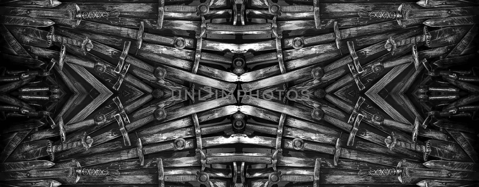 Metal knight swords horizontal background. Close up. The concept Knights.