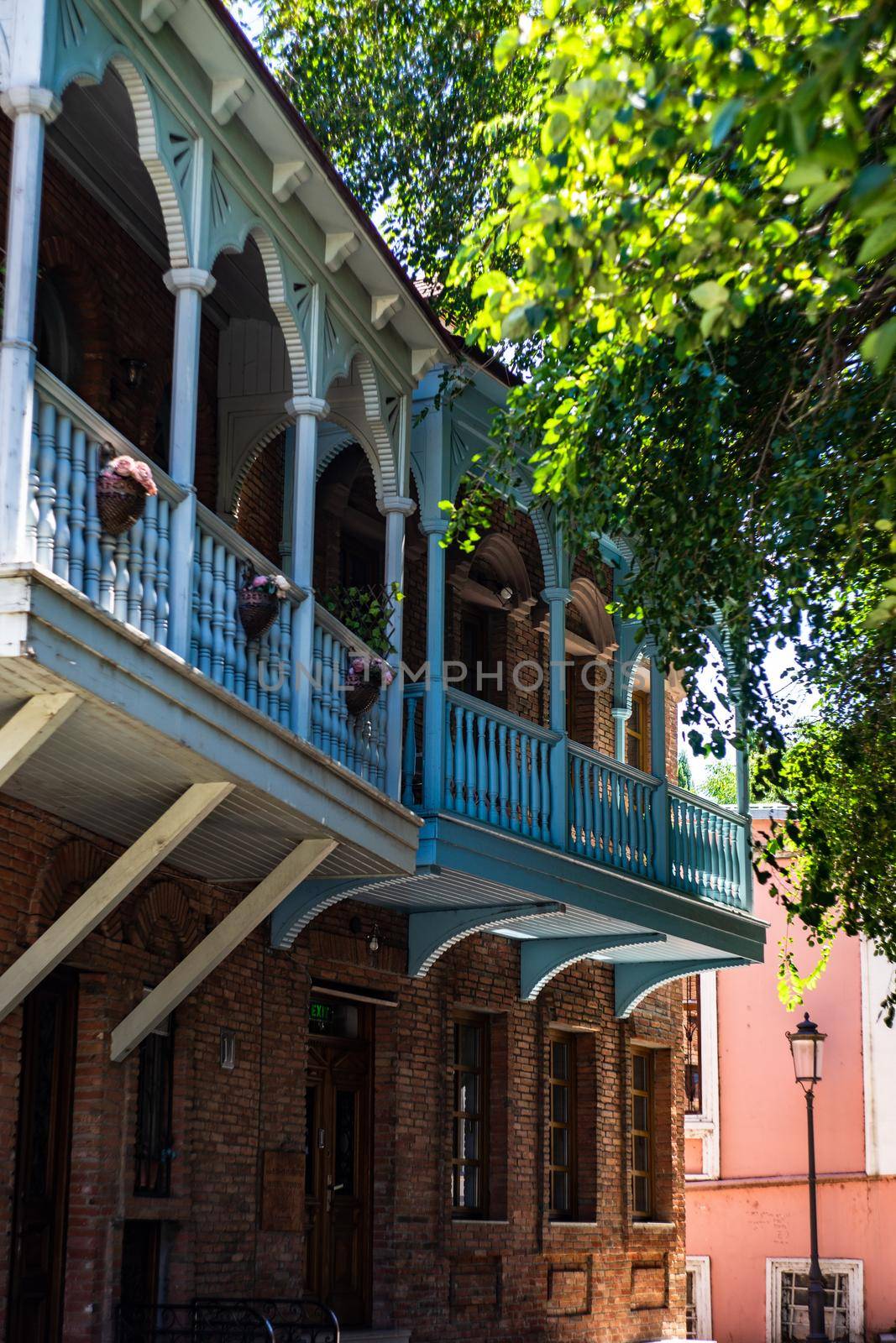 Traditional wooden carving balconies in Old town of Tbilisi, capital city of Georgia