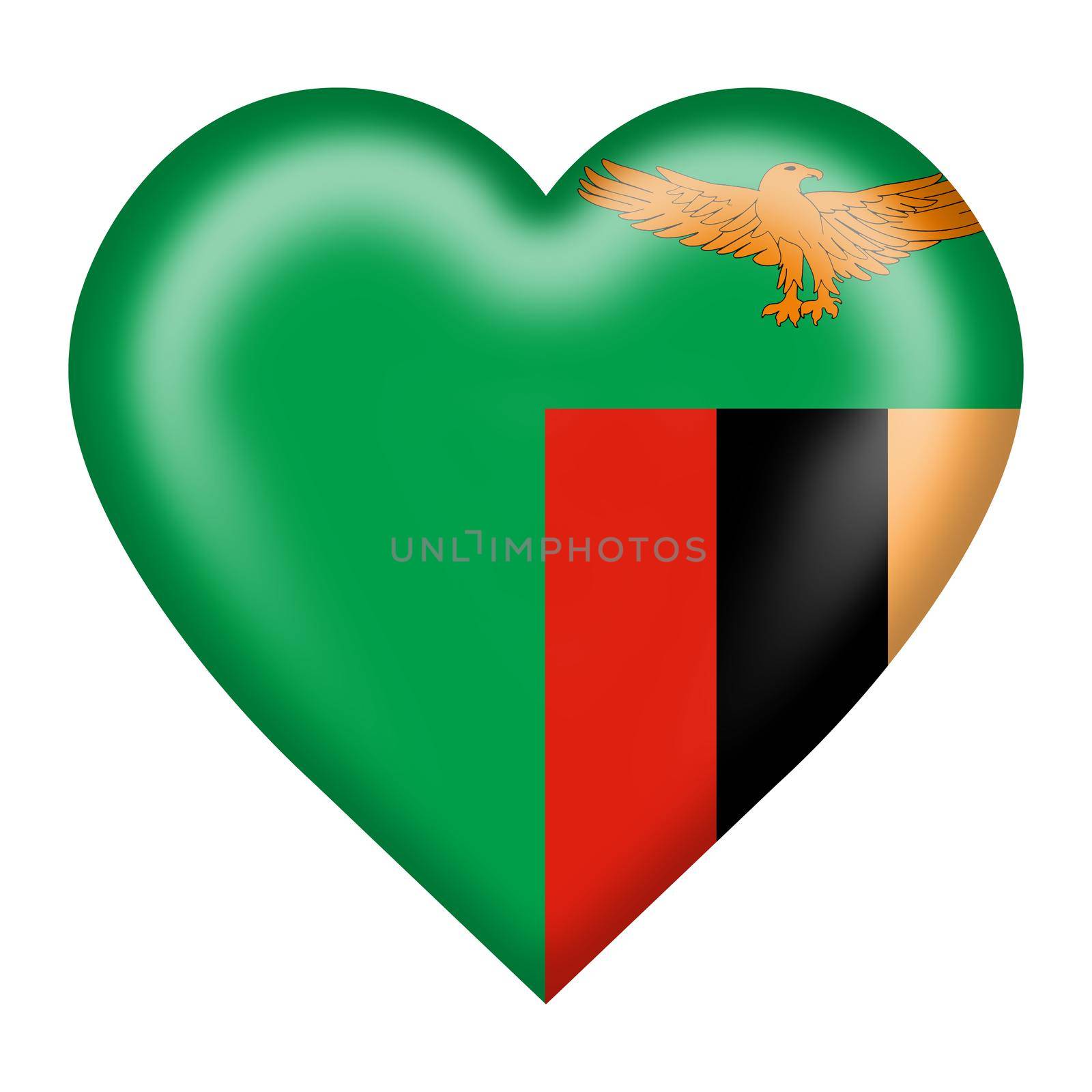 A Zambia flag heart button 3d illustration isolated on white with clipping path