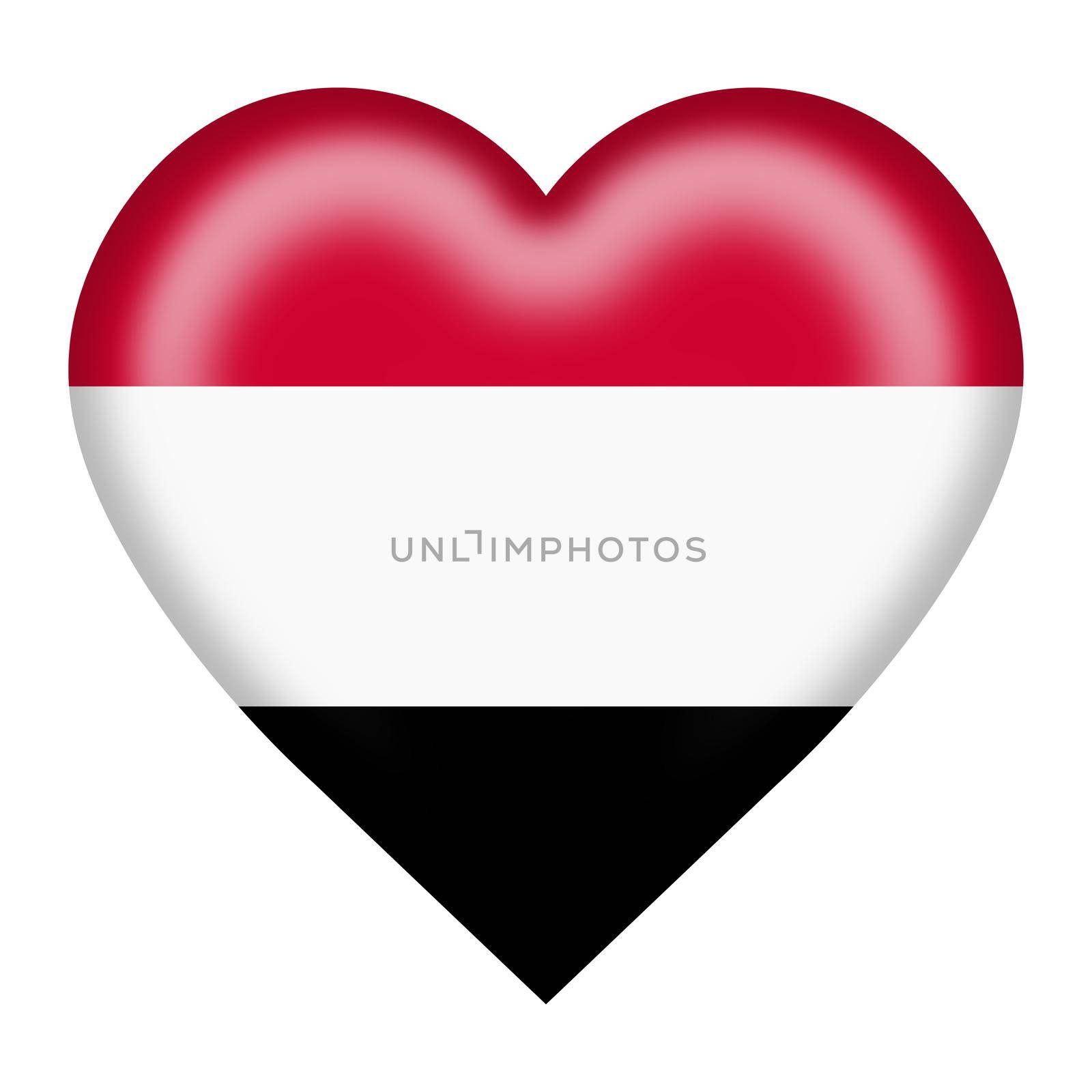 A Yemen flag heart button 3d illustration isolated on white with clipping path