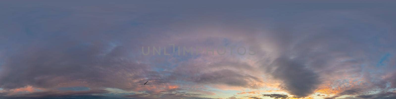Dark blue sunset sky panorama with pink Cumulus clouds. Seamless hdr 360 pano in spherical equirectangular format. Full zenith for 3D visualization, game, sky replacement for aerial drone panoramas
