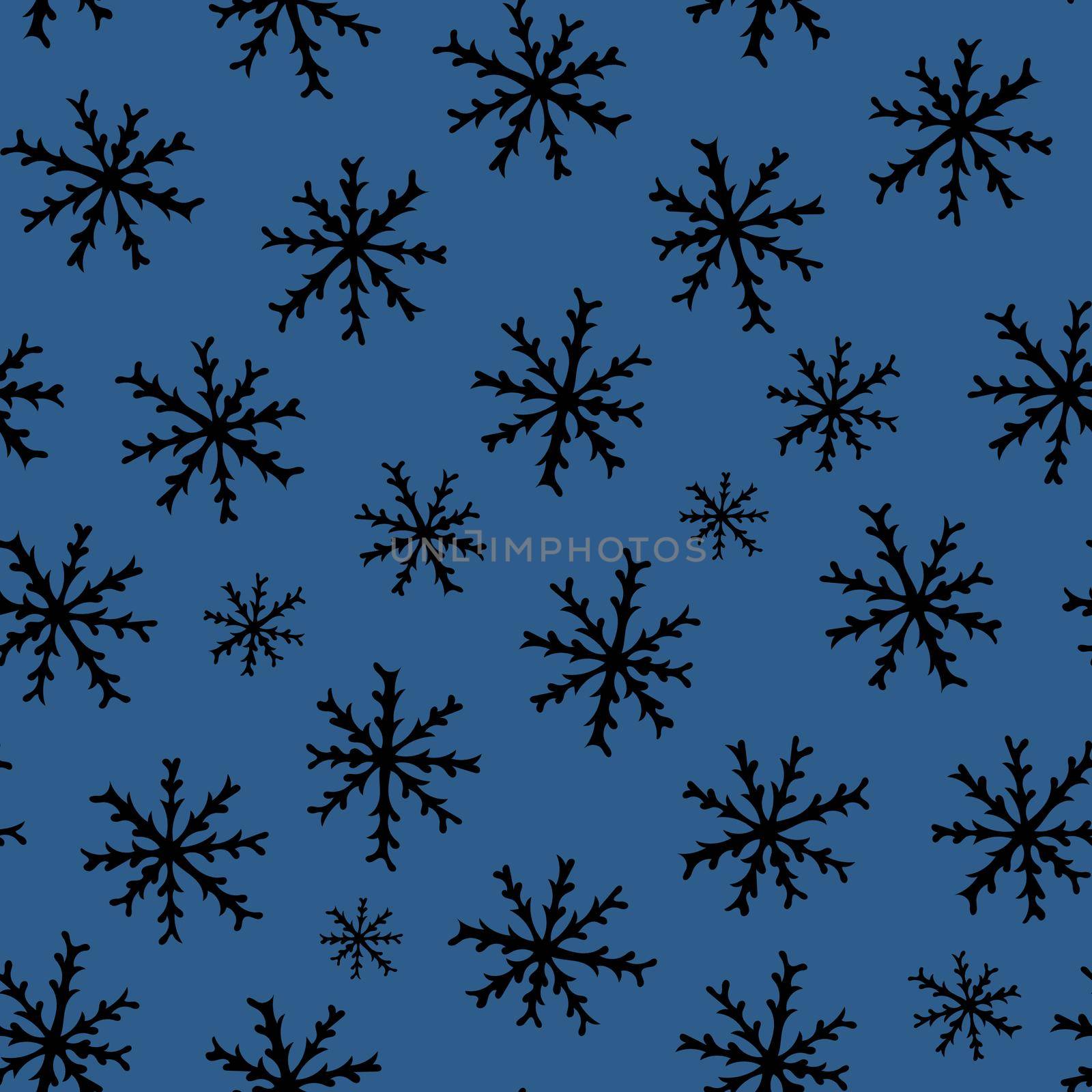 Seamless Pattern with Black Snowflakes on Blue Background. Abstract Hand-Drawn Doodle Snowflakes.