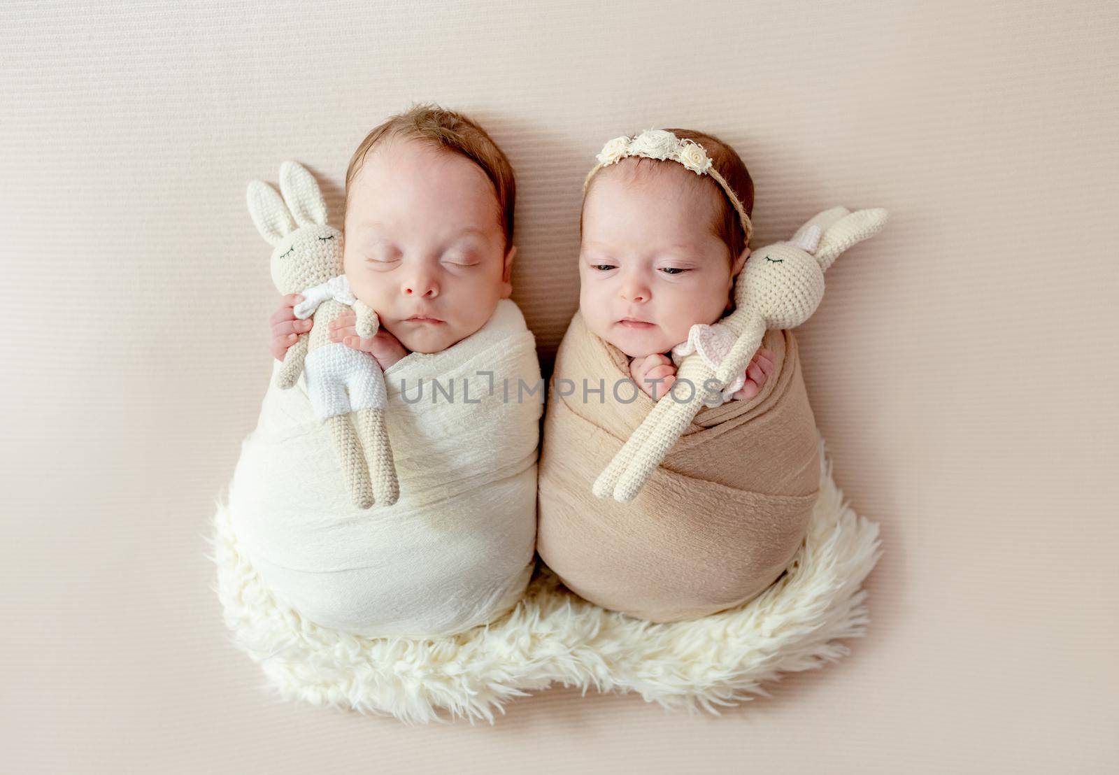 Newborn babies twins swaddled in fabric sleeping on fur. Infant child kids brother and sister studio photoshoot