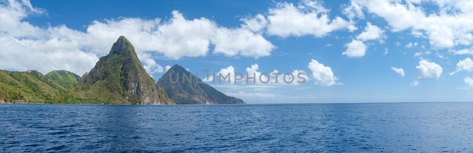 Pitons mountains of Saint Lucia, St. Lucia Caribbean Sea with Pitons on a beautiful summer day