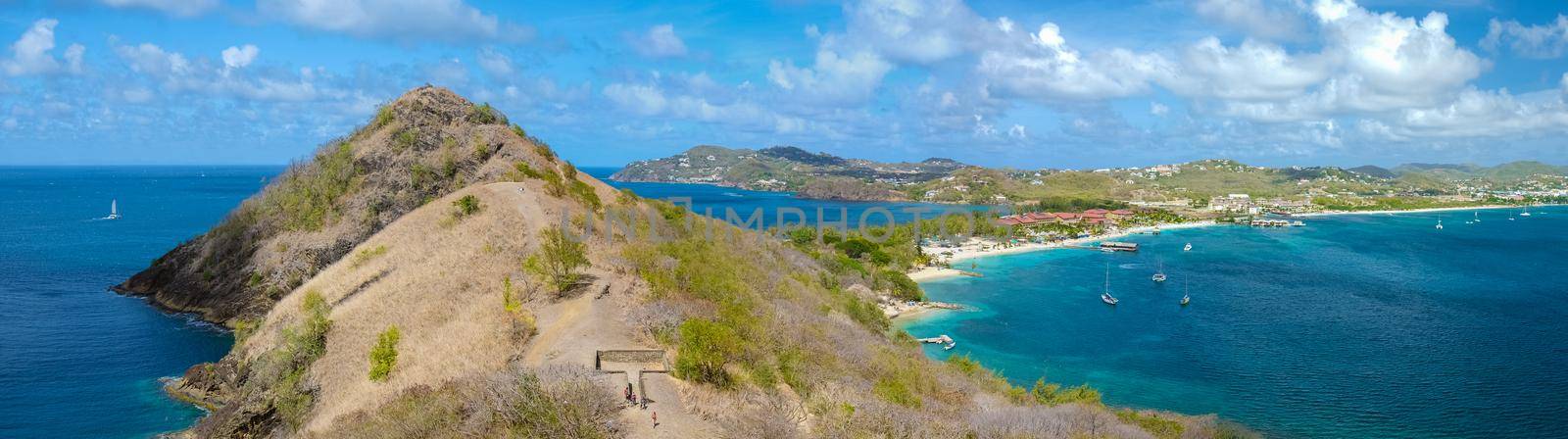 panoramic view from Pingeon Island Saint Lucia or St Lucia Caribbean. beautiful mountain and a tropical beach pigeon island