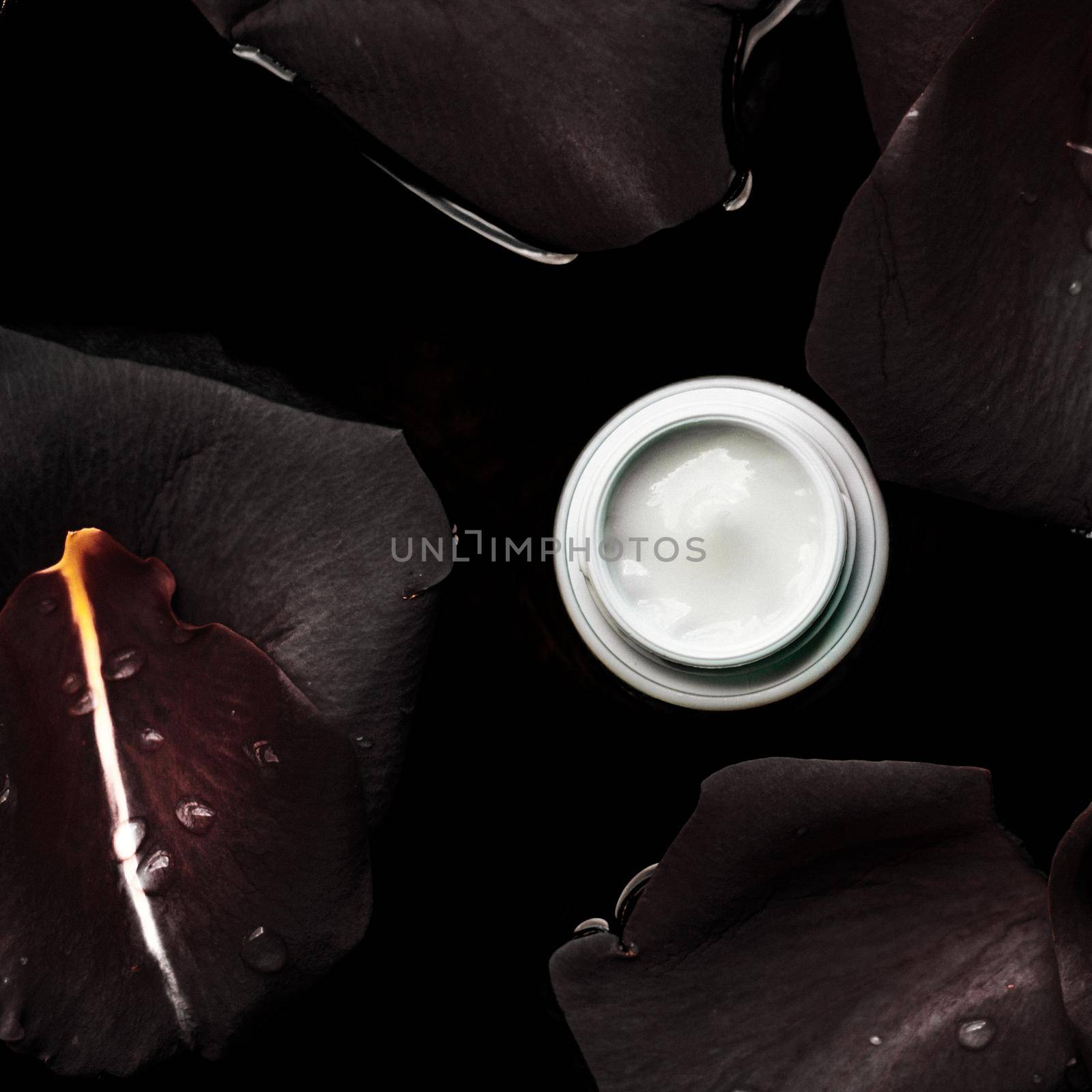 beauty cream jar and flower petals - cosmetics with flowers styled concept