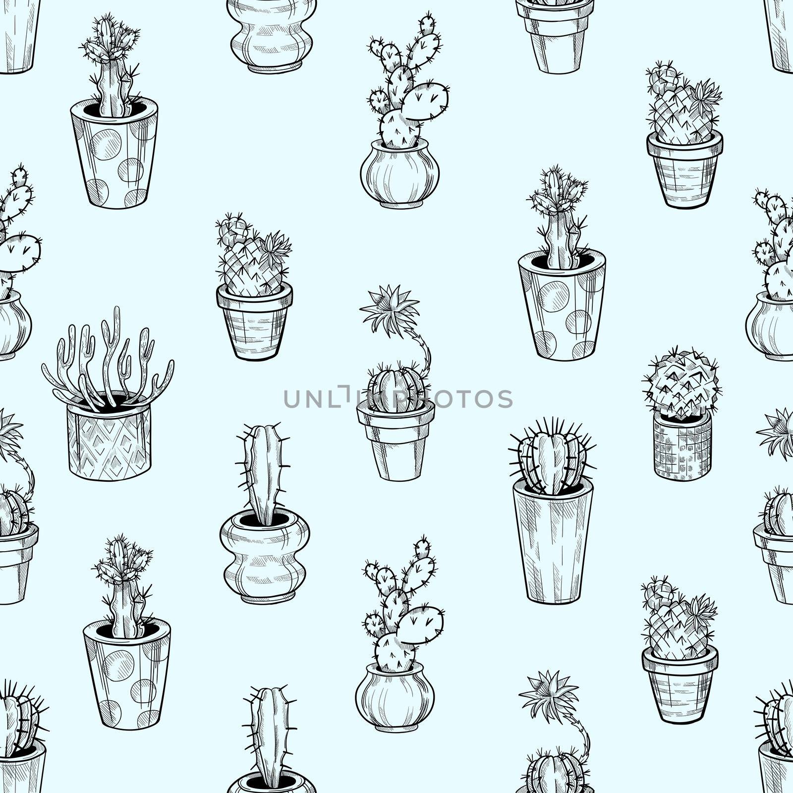 Cactus seamless pattern. Hand drawn cactus lineart. Home plants succulents black and white pattern.