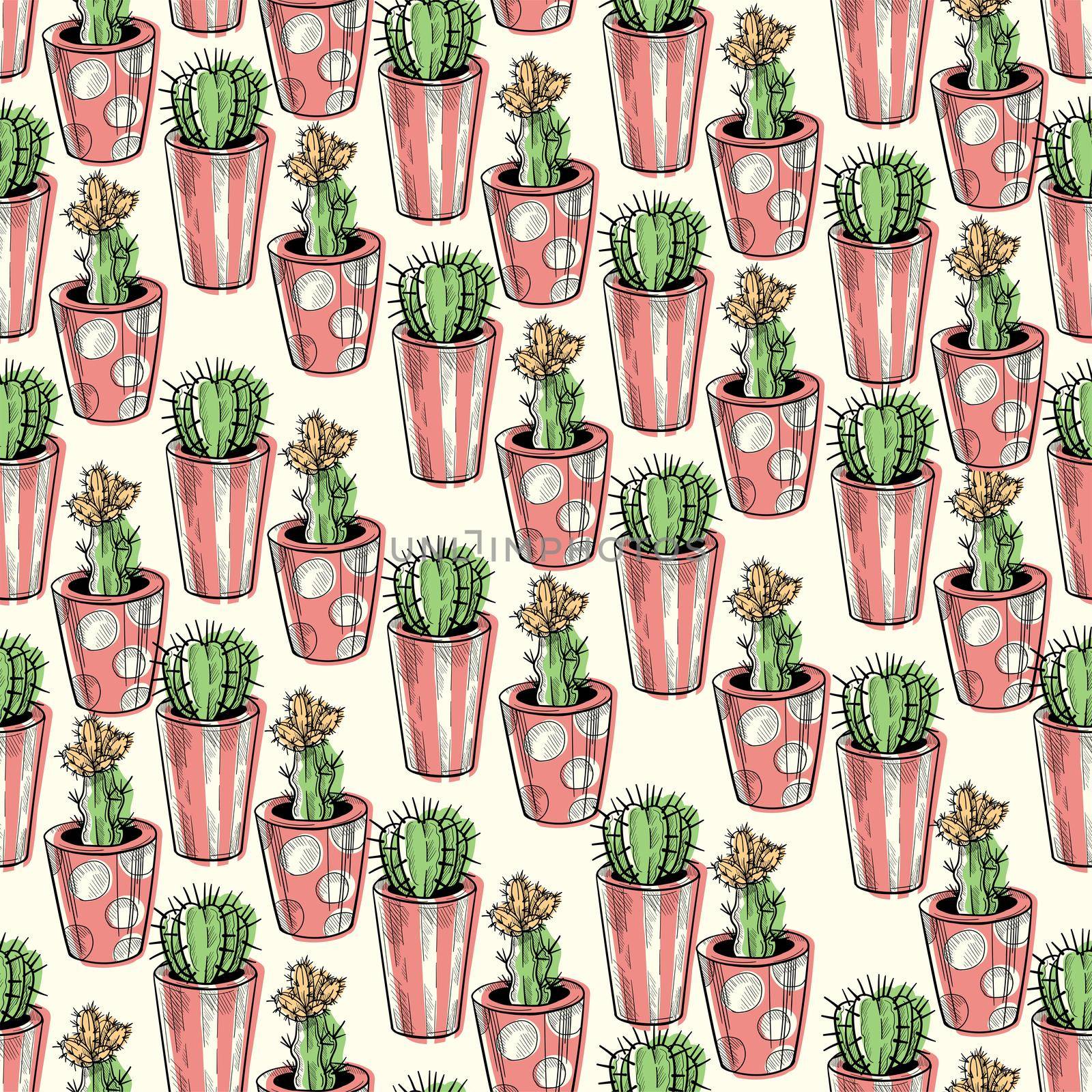 Cactus seamless pattern. Hand drawn cactus lineart. Home plants succulents black and white pattern.