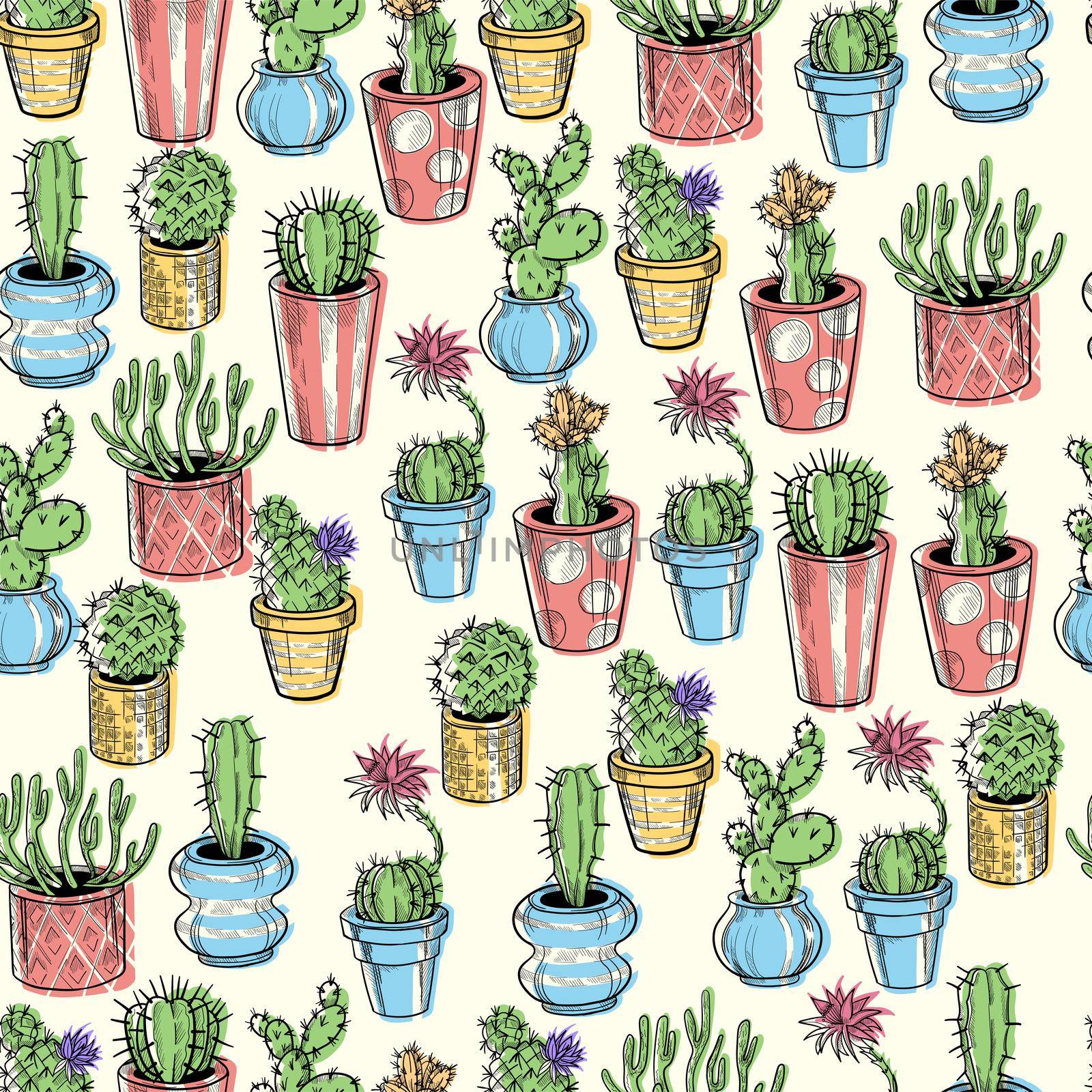 Cactus seamless pattern. Hand drawn cactus lineart. Home plants succulents black and white pattern. by fireFLYart