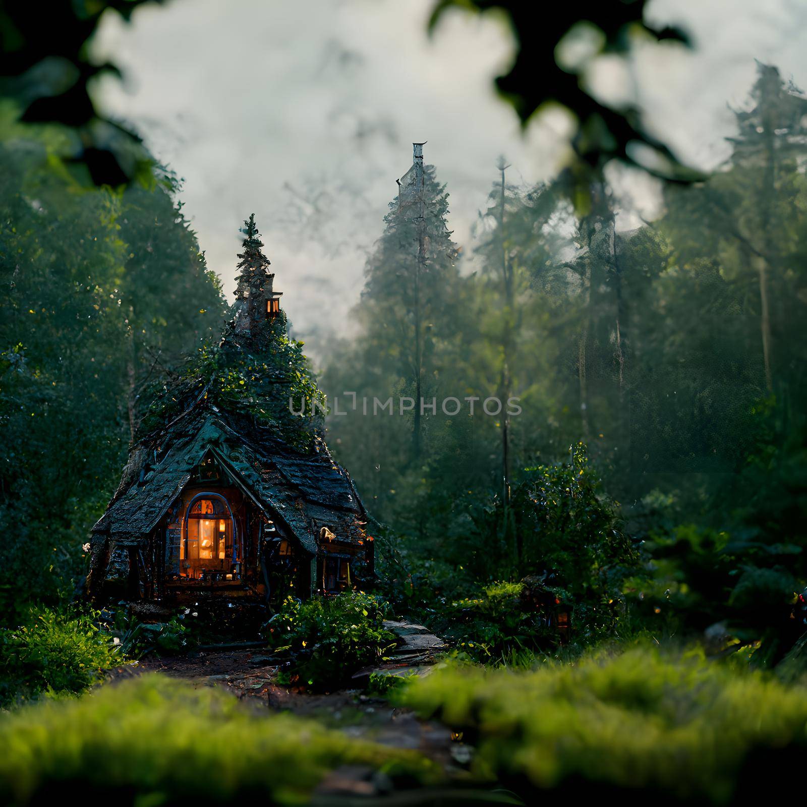 A cottage in magic green forest, fantasy artwork with volumetric lighting, neural network generated art by z1b