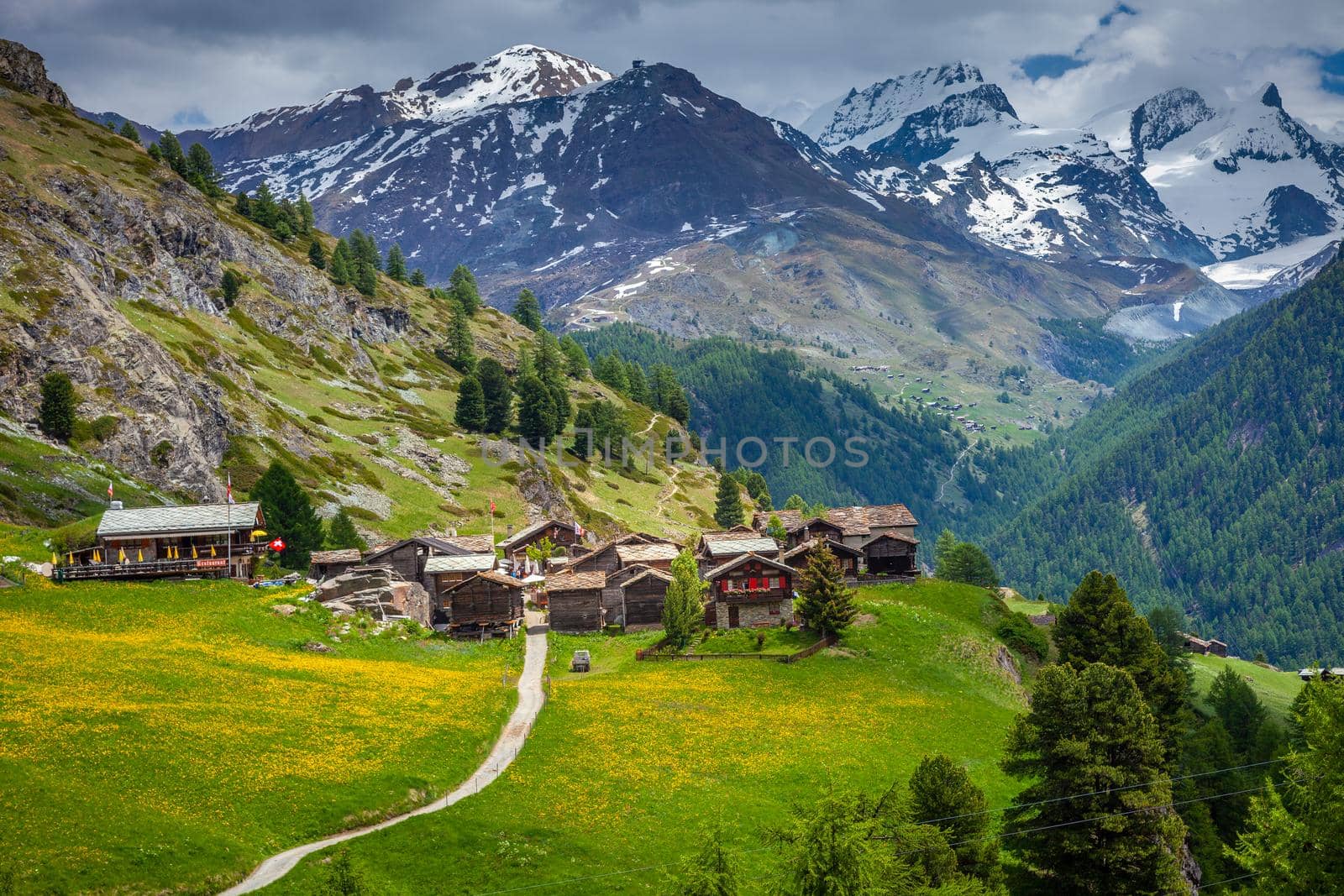 Idyllic swiss landscape with Zermatt village at springtime, Valais, Switzerland