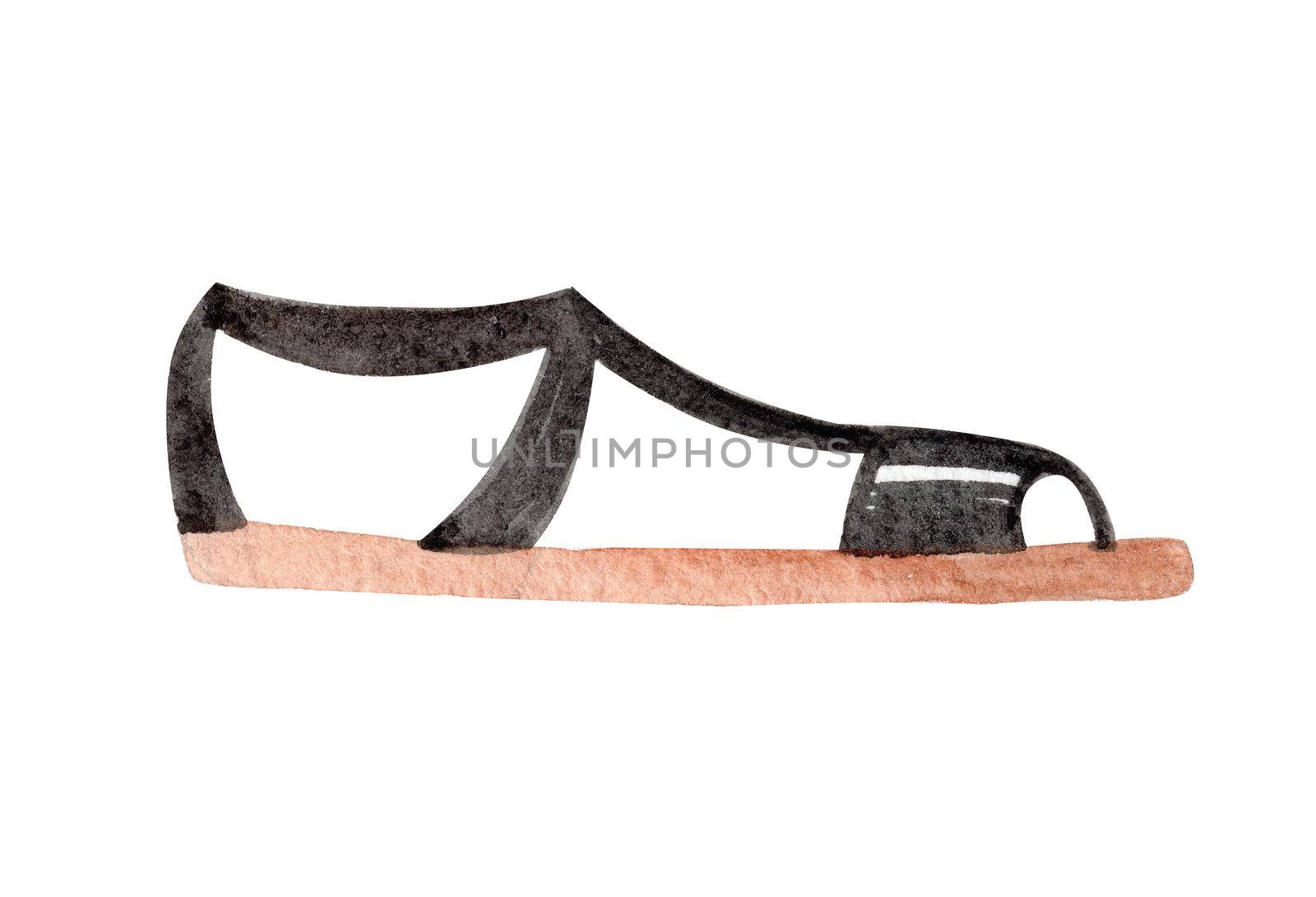 watercolor black women shoes side view isolated on white background. Summer foot wear illustration