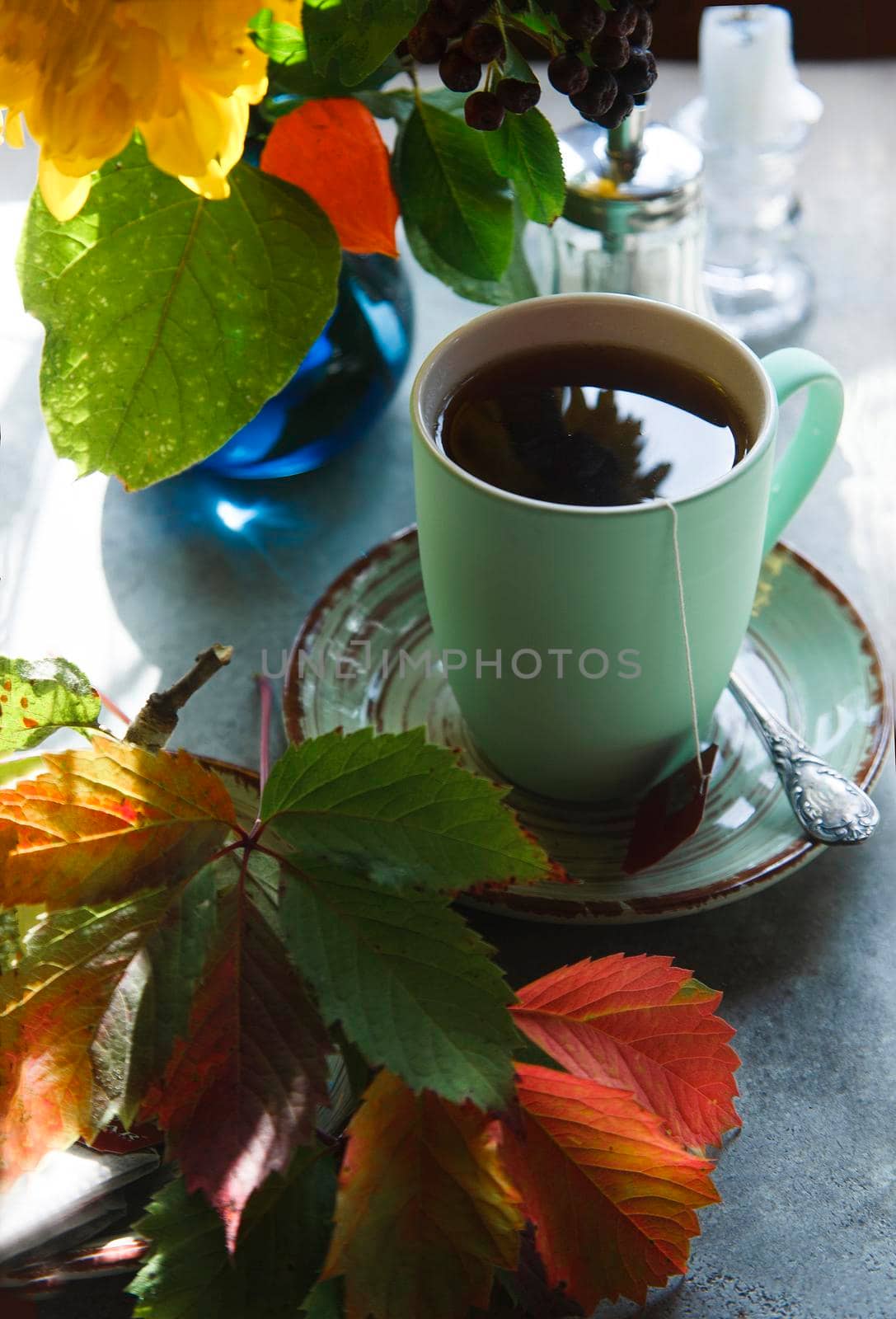 Green cup of tea on green plate with autumncolored leaves and flowers, early autumn morning concept, still life, selective focus.