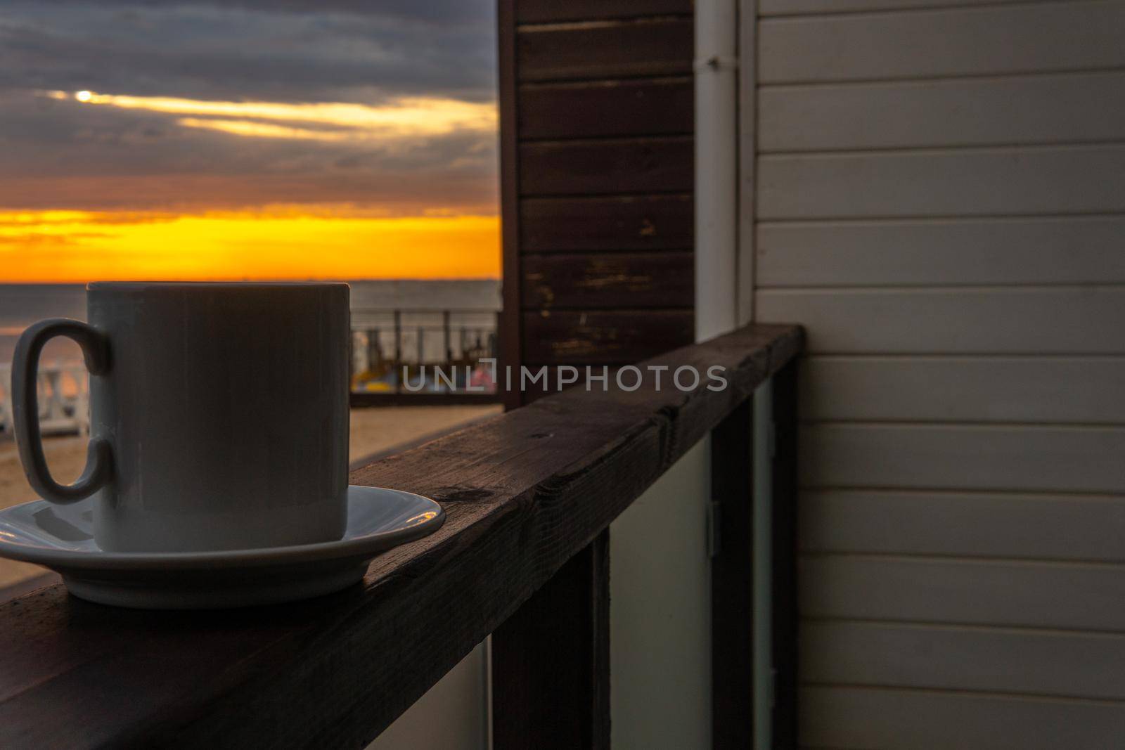 Sea travel cup beach background coffee mug ocean white breakfast, concept morning art in design and view shape, outdoor break. Color illustration happy,