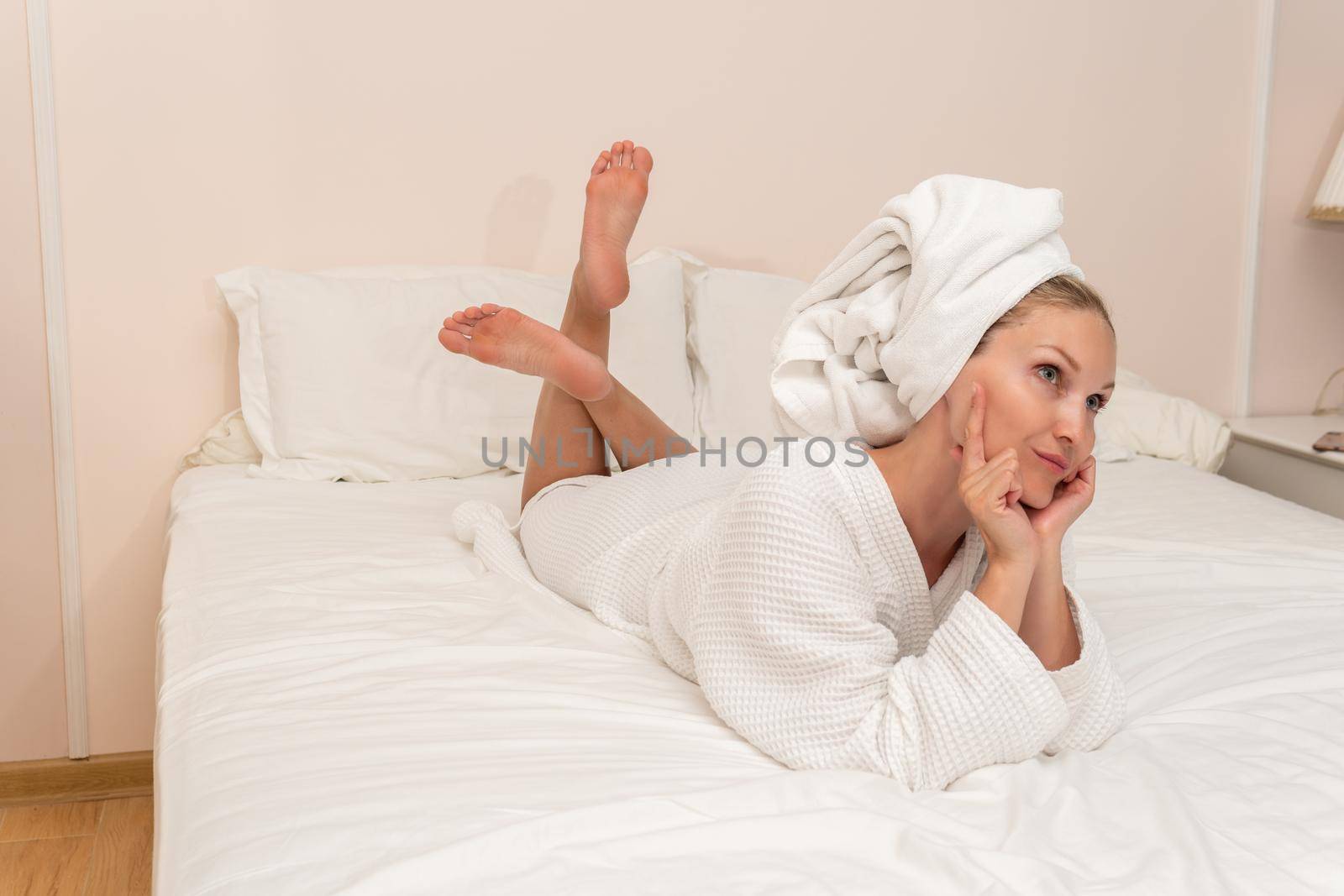 Bed copyspace spa beauty bathrobe female care body hotel ritual, concept cropped woman in clean from towel wellbeing, gown concept. Happy afro american, by 89167702191