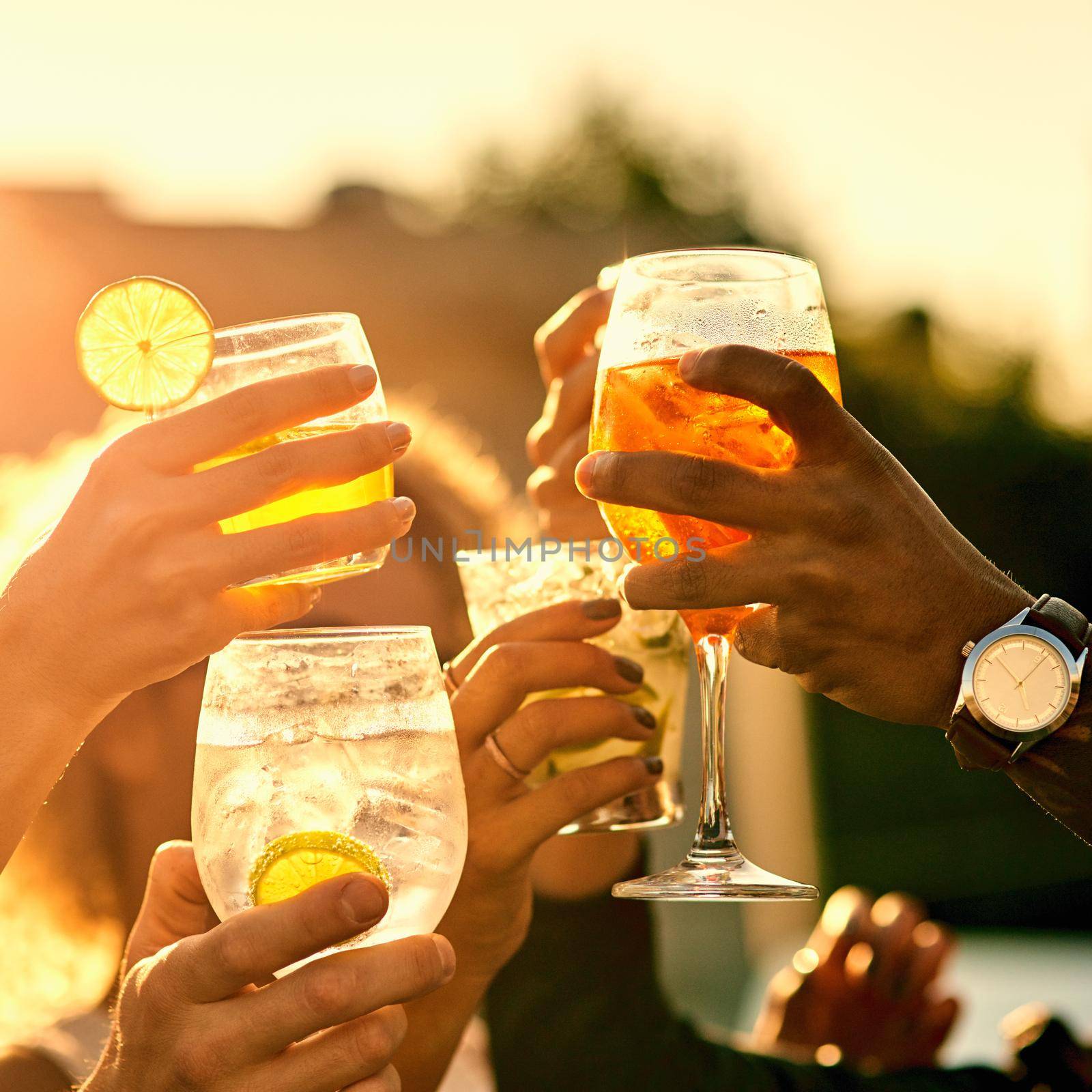 Time to enjoy and have fun. Closeup shot of a group of unrecognizable friends having a toast and spending the day outside on a rooftop