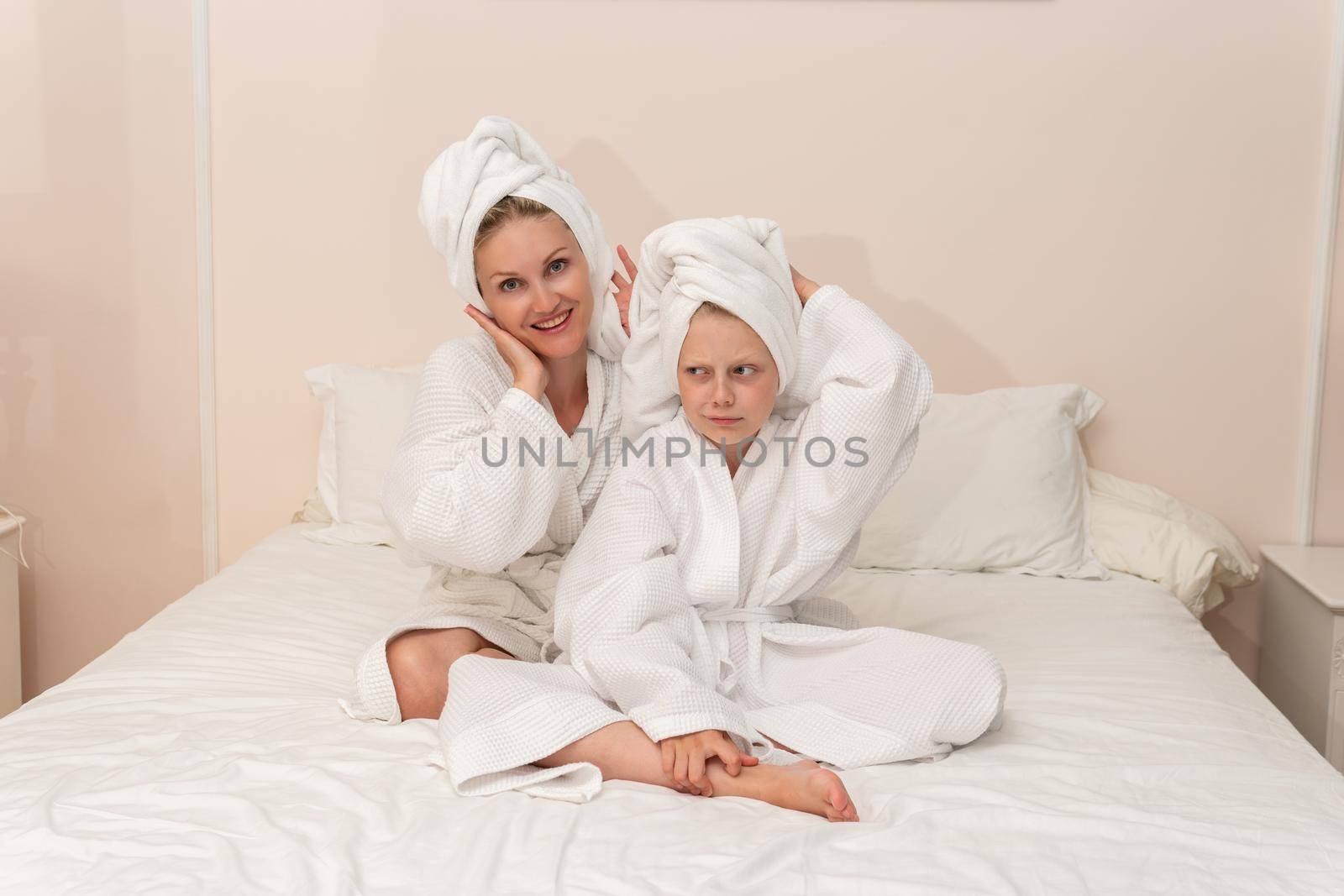 Daughter bath smiling love mom dries thinks elbows Creek copyspace, concept girl morning in pretty for hotel beauty, little bathing. Head funny comfort,