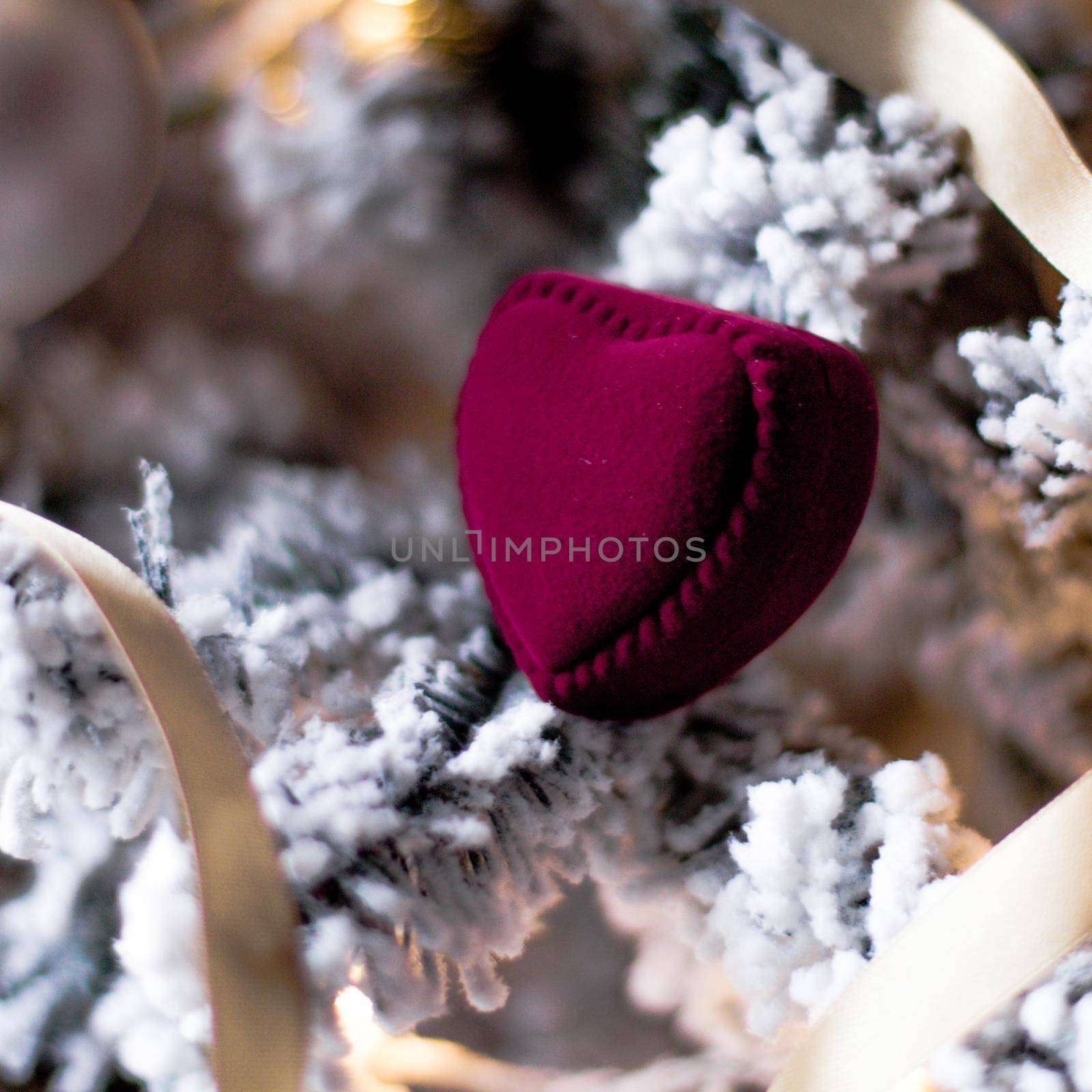 Red heart shaped jewellery box, a perfect holiday love surprise for her on Christmas