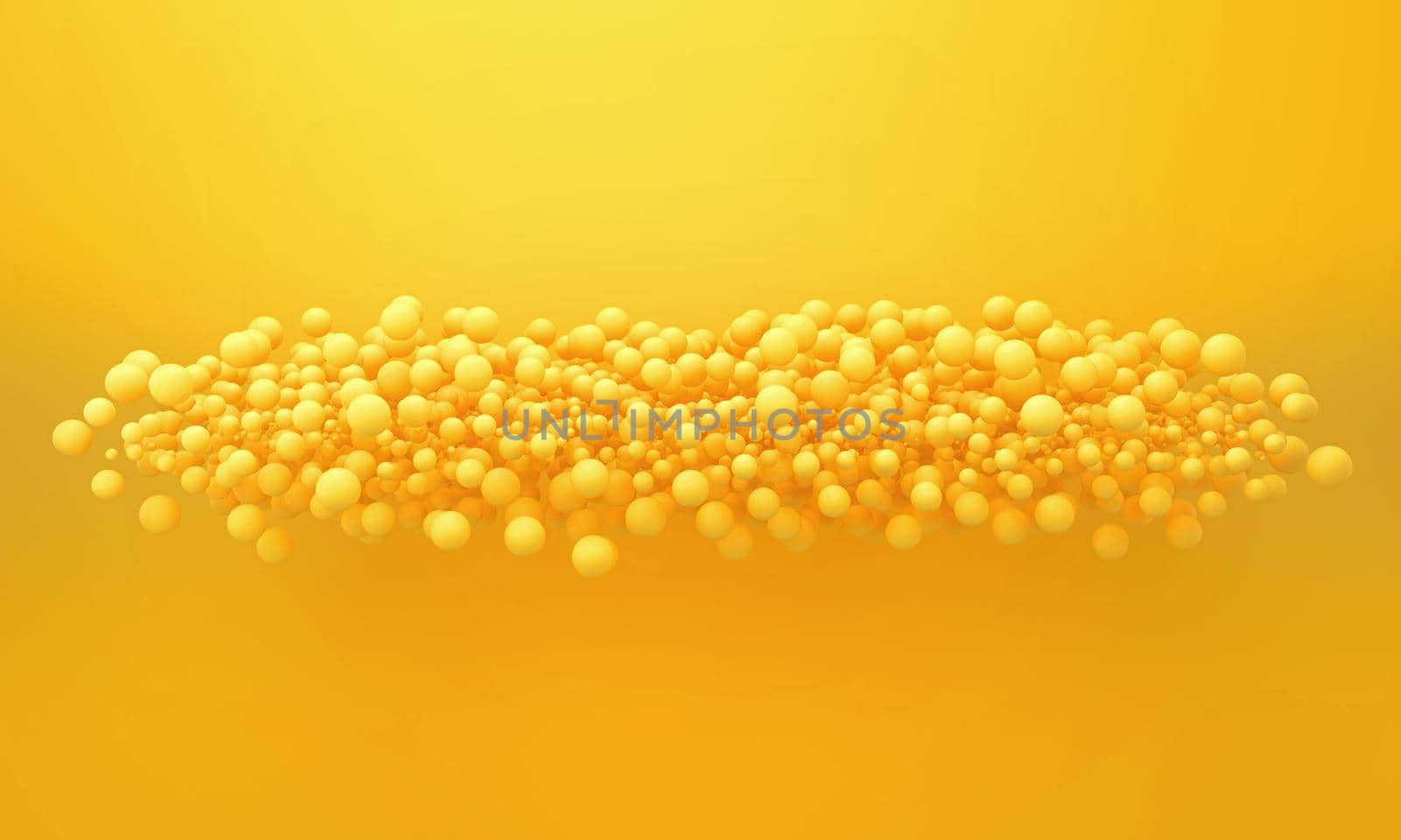 Abstract composition of Many flying spheres on a yellow background. Abstract composition with clone of 3d particles. Design for posters, banners, signs. 3d rendering