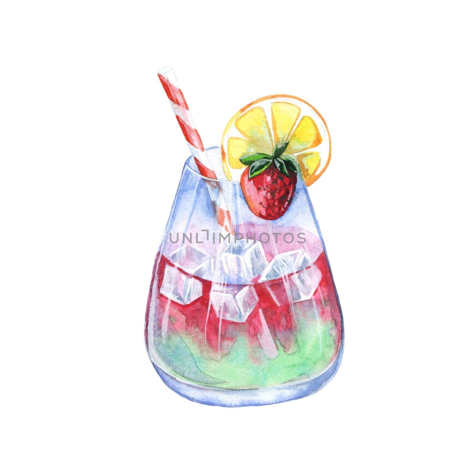 Watercolor lemonade with lemon, ice and srawberry. Hand drawn isolated summer drink glass on white background. Artistic illustration.