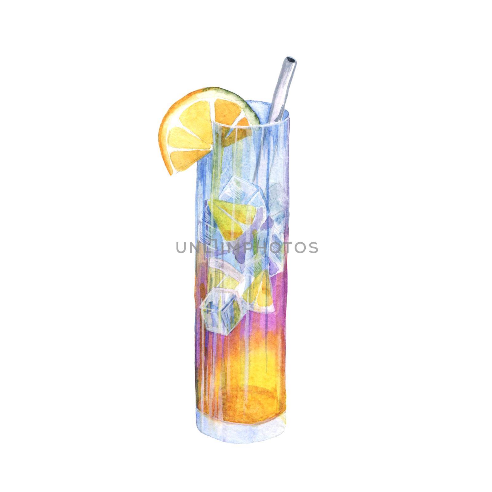 Watercolor lemonade with lemon, ice and syrup. Hand drawn isolated summer drink glass on white background. Artistic illustration.