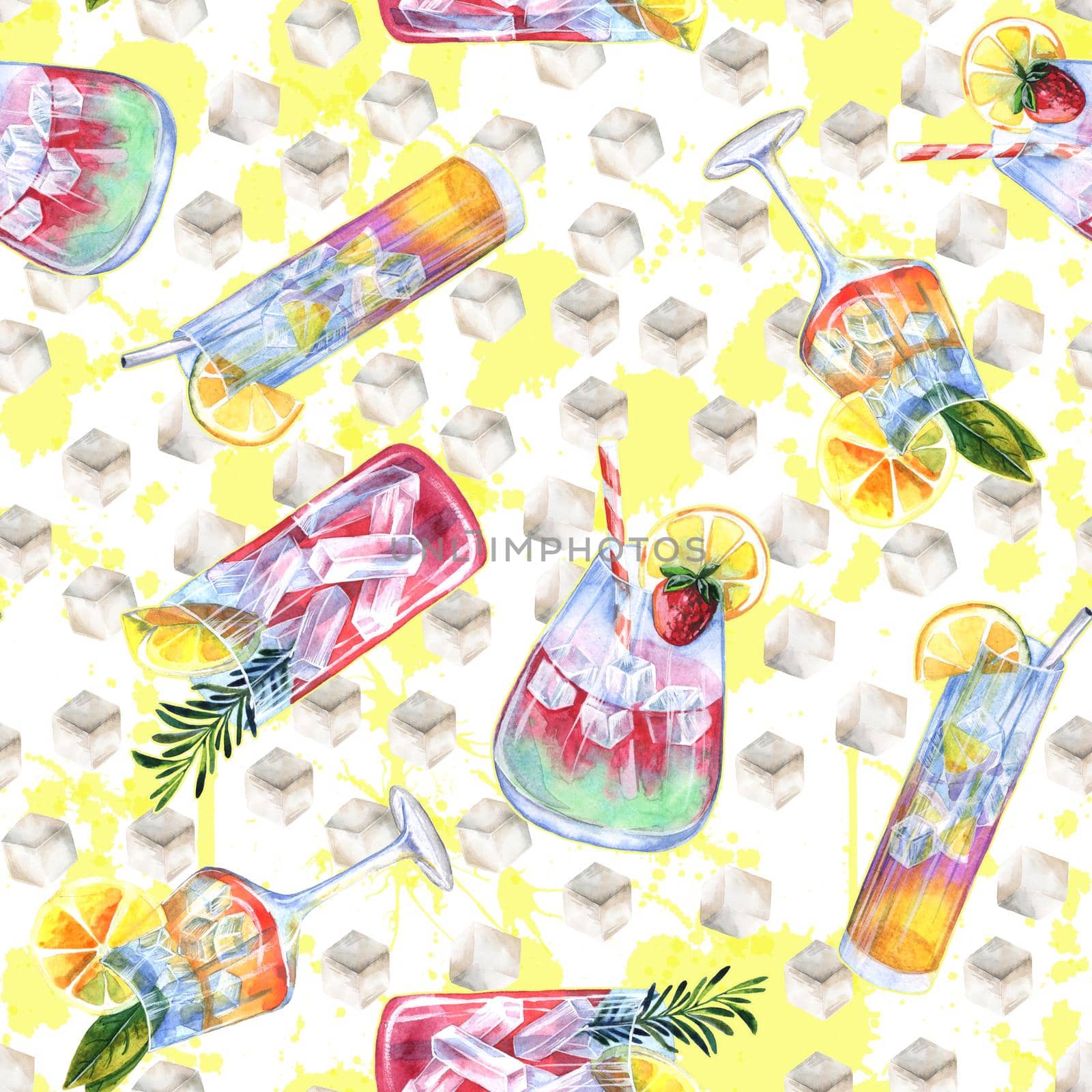 Seamless pattern with summer cocktails and ice cubes. Watercolor illustration in white background and yellow blot
