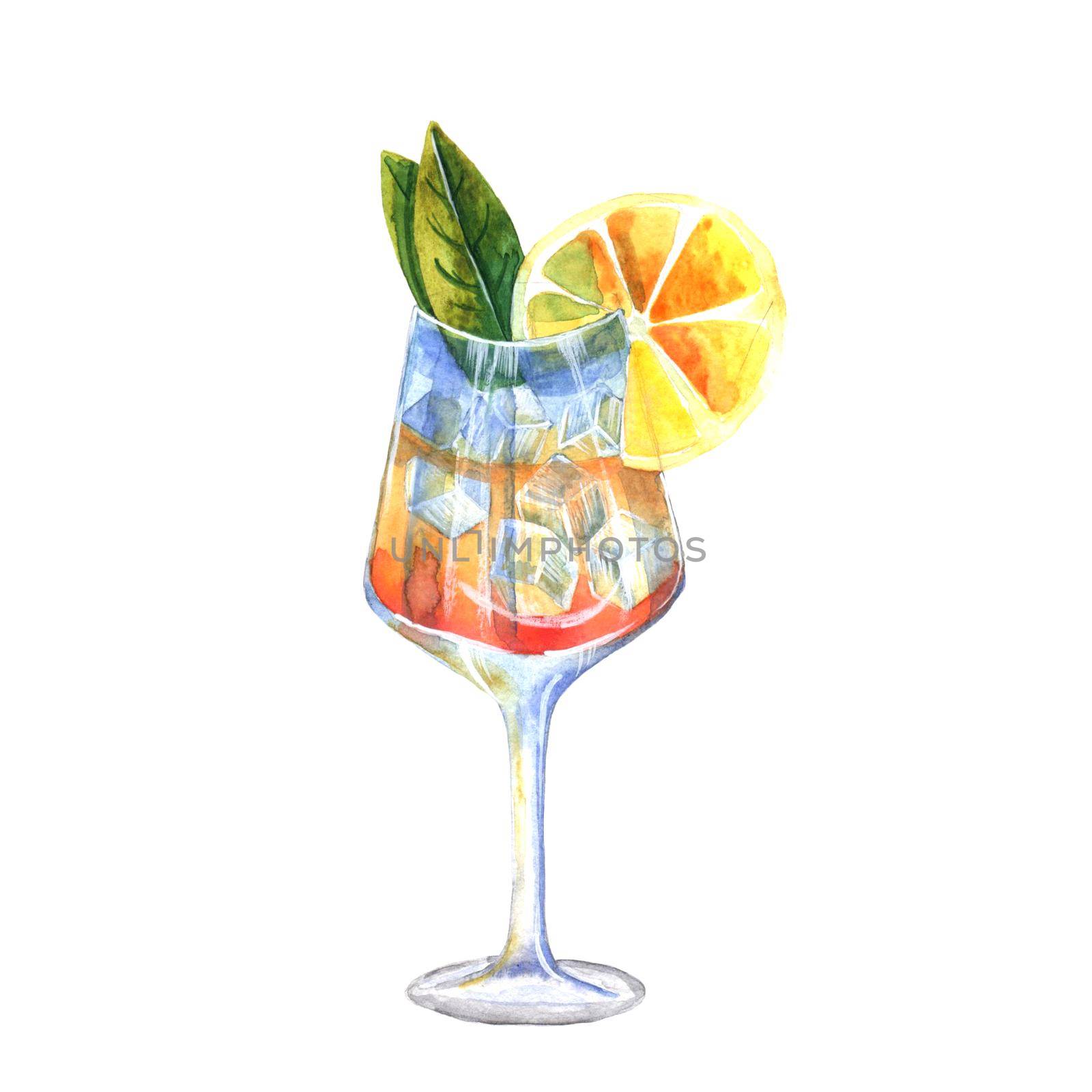 Watercolor alcohol cocktail with lemon, ice and mint. Hand drawn isolated summer drink glass on white background. Artistic illustration.