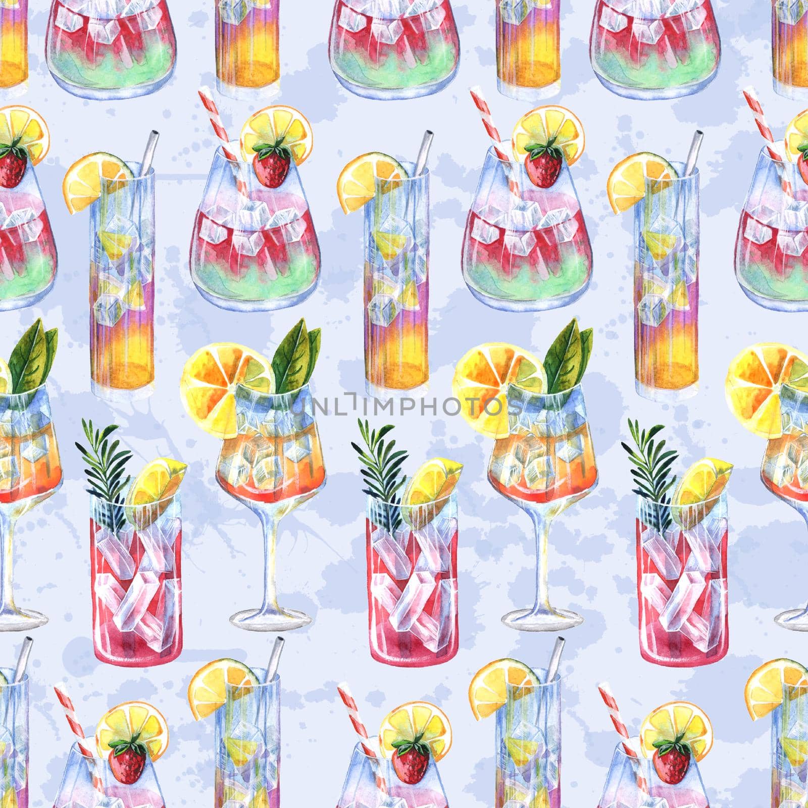 Seamless pattern with summer cocktails and ice cubes. Watercolor illustration in blue background and blue blot