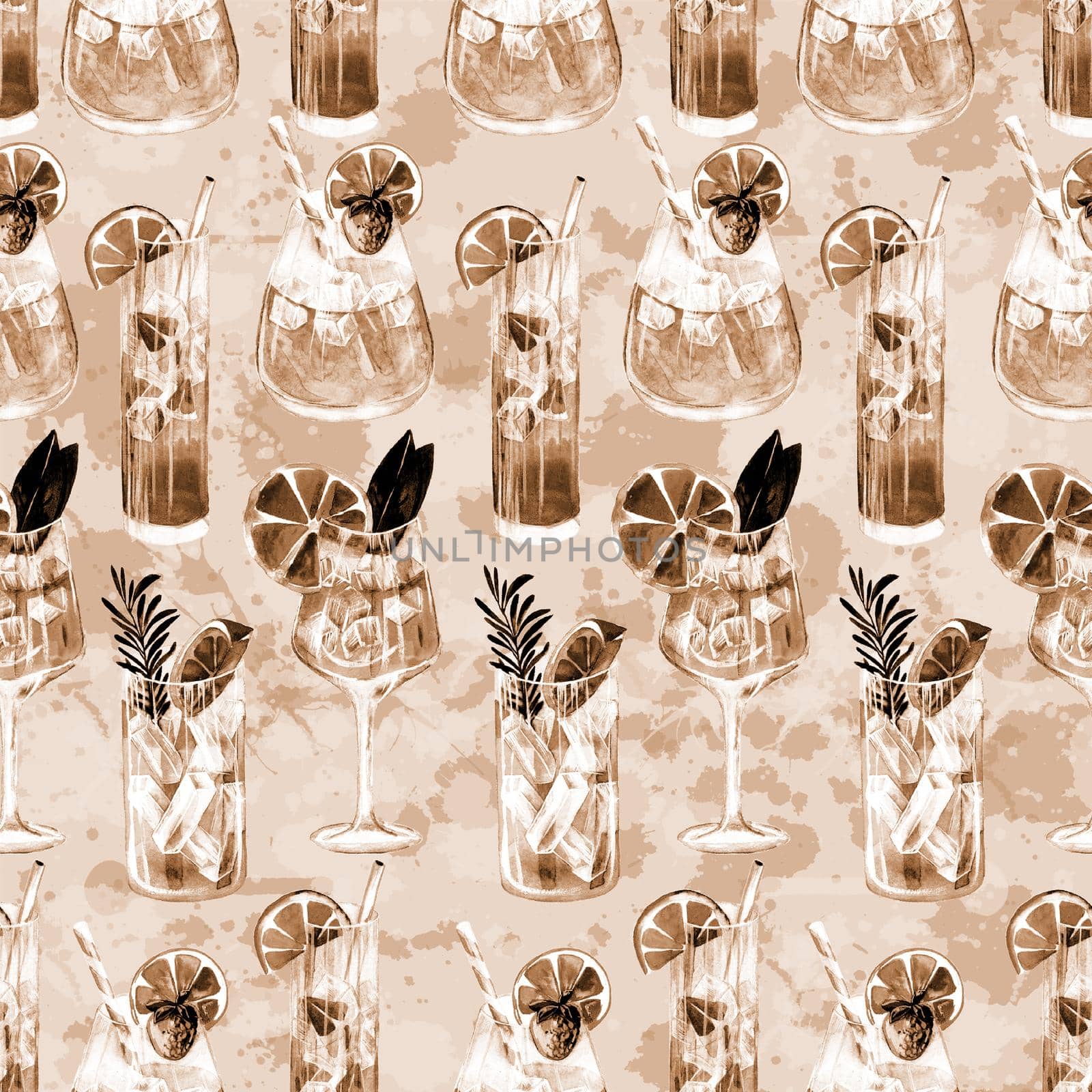 Seamless pattern with summer cocktails and ice cubes. Watercolor illustration in monochrome style .