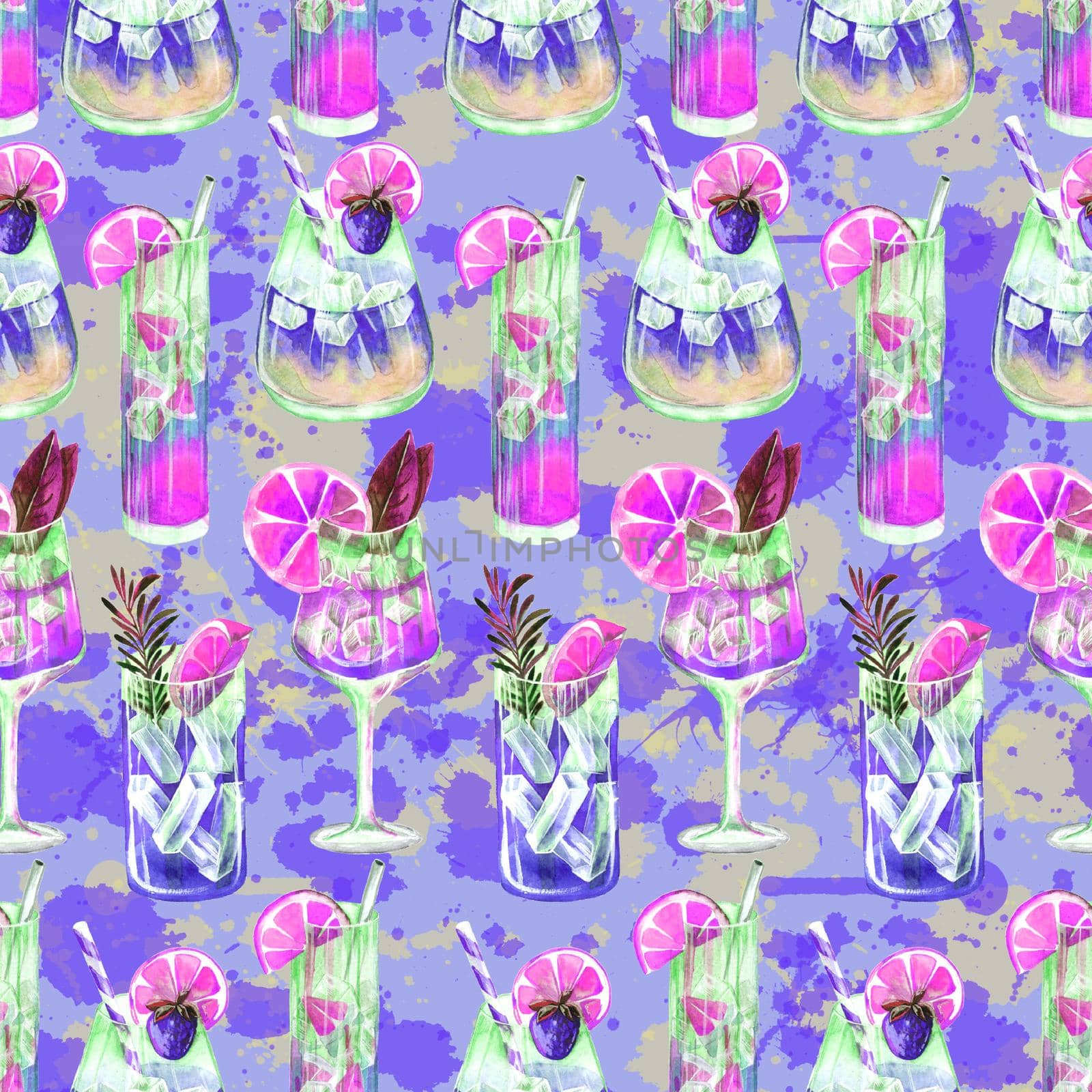 Seamless pattern with summer cocktails and ice cubes. Watercolor illustration on purple background