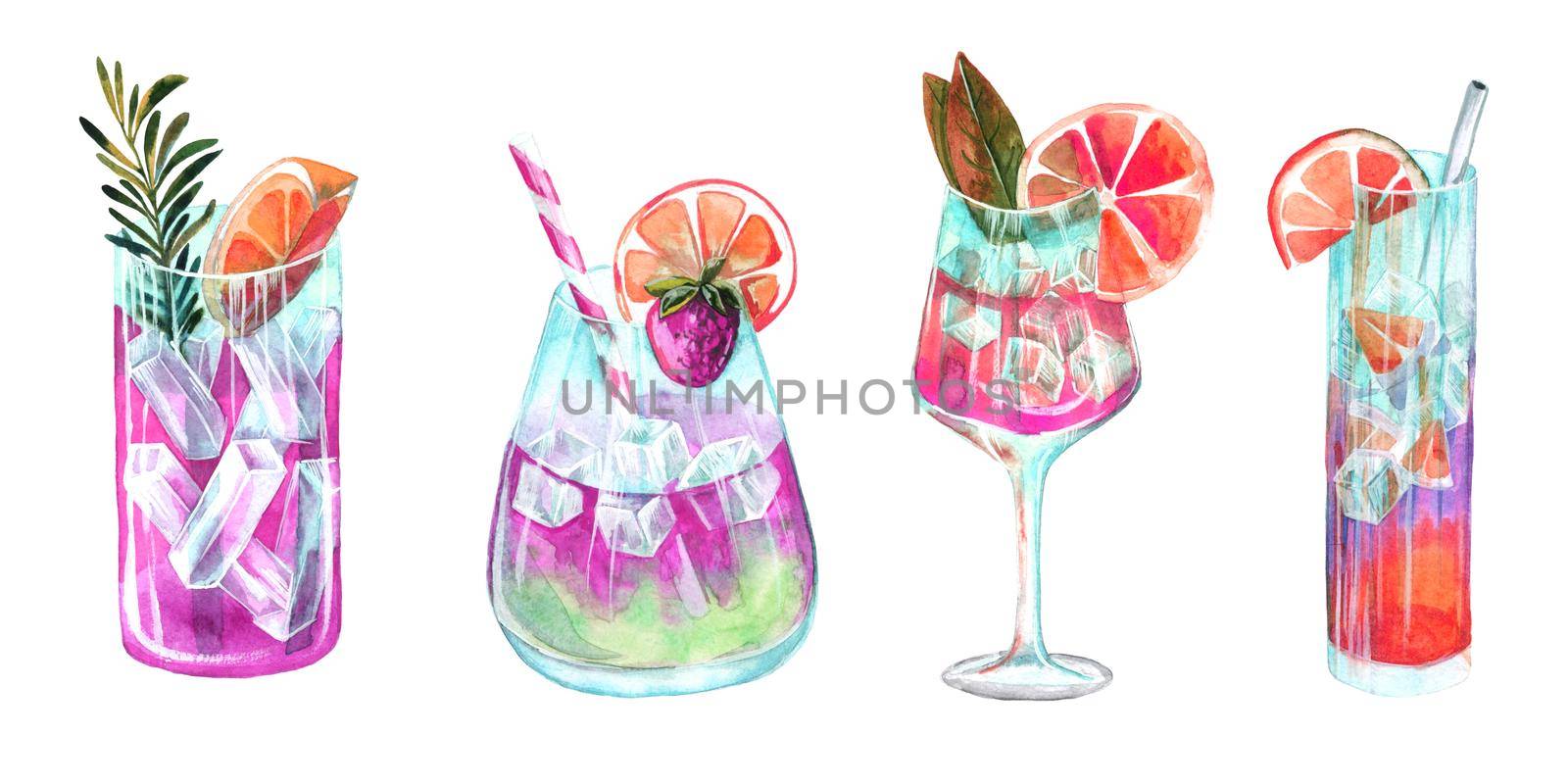 Colorful watercolor sketch set of cocktail drinks. Alcohol beverages. Cocktail drink in highball glass, champagne saucer, rocks glass, shot glass, zombie, balloon wine glass, martini