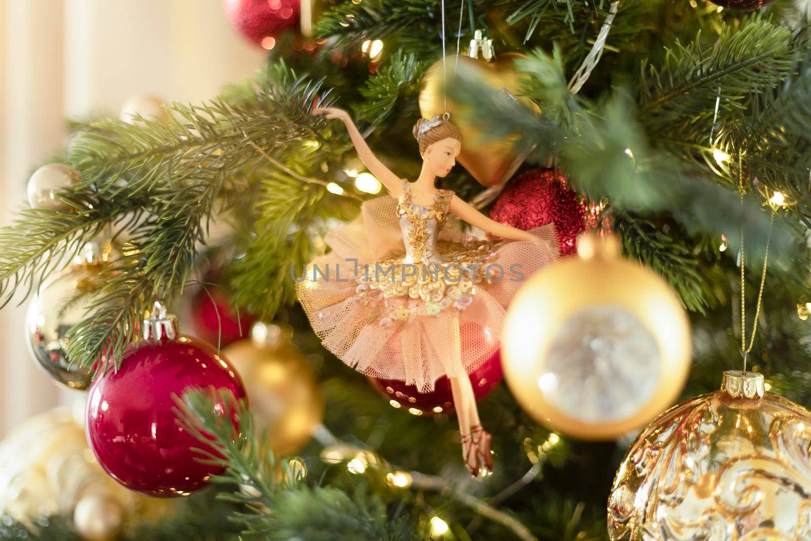New Year's toys, decorations on the Christmas tree. Holiday Merry Christmas by Ramanouskaya