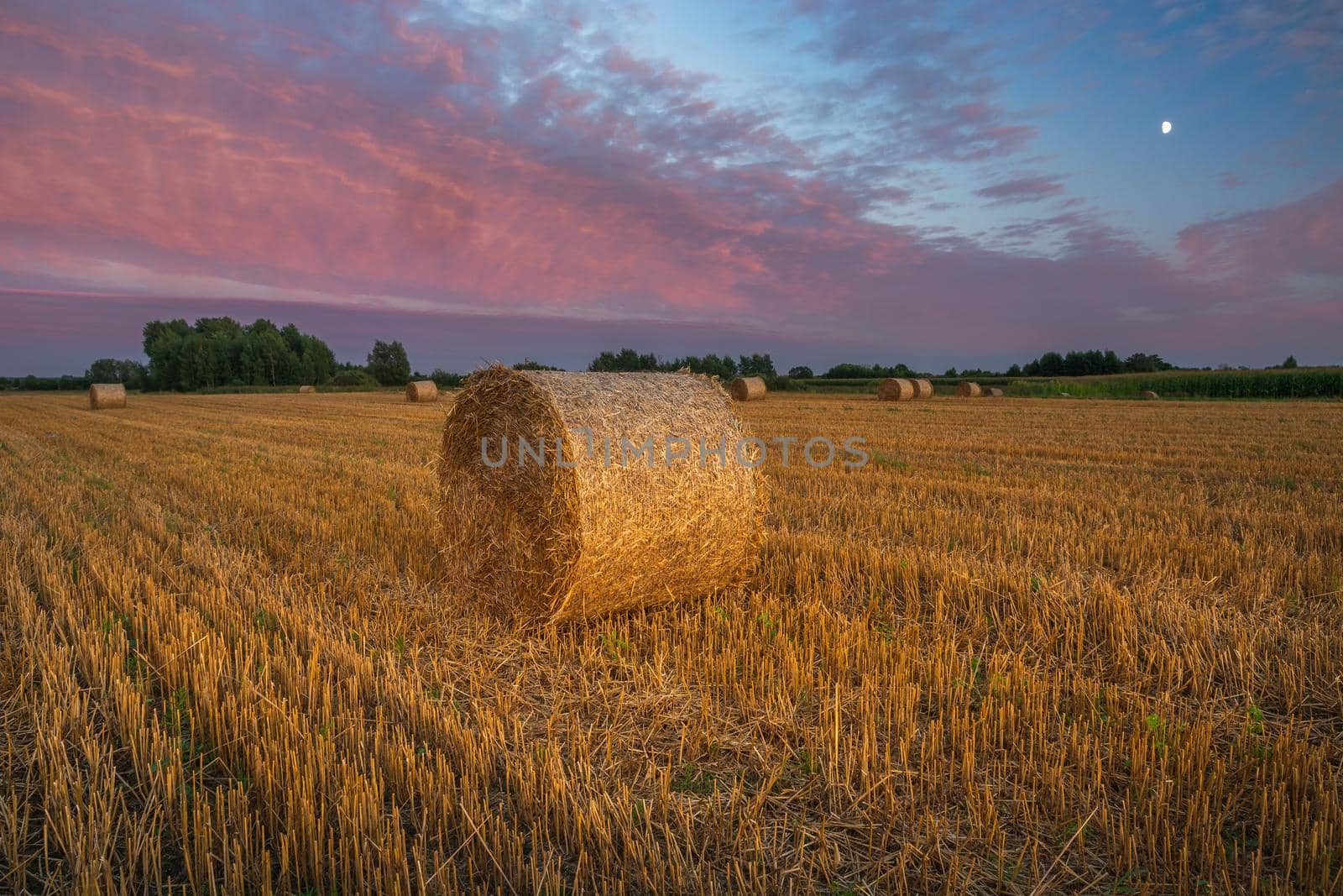 Colorful evening clouds and hay bales in the field by darekb22
