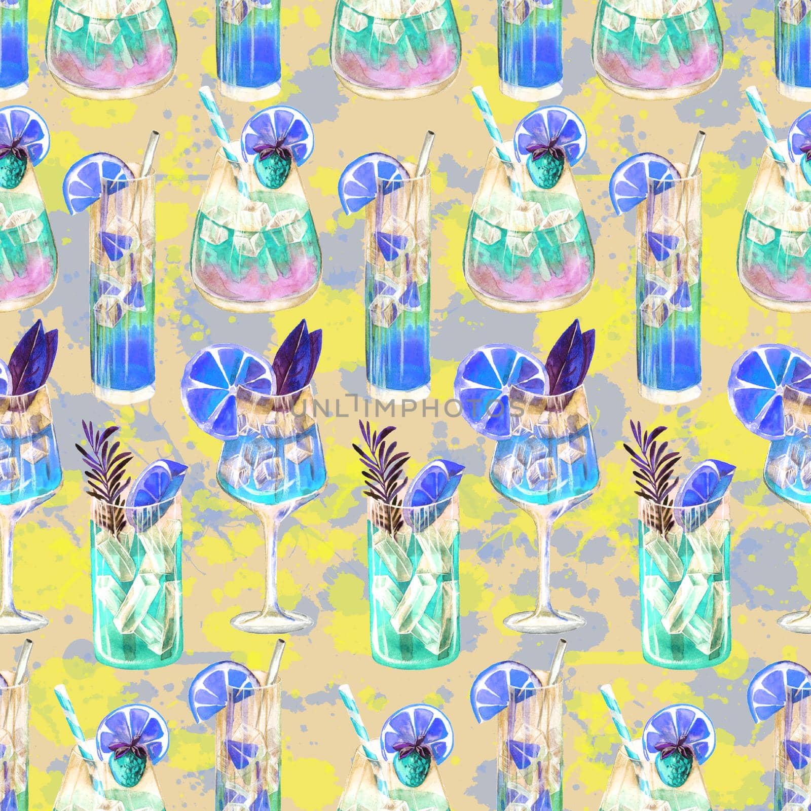 Seamless pattern with summer cocktails. Watercolor illustration by fireFLYart