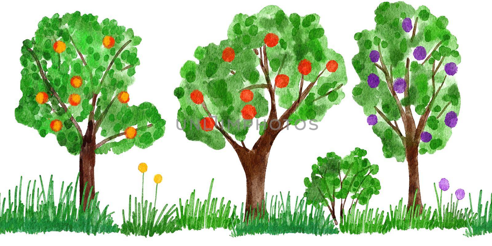 Watercolor hand drawn seamless border illustration of orchard fruit trees, farm harvest. Green leaves leaf foliage organic food with grass bushes branches. Yellow red apples, plums, hears. Nature natural forest wood picture clipart. by Lagmar