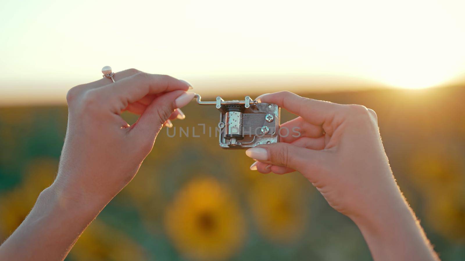 Female hands rotating gears of old music box mechanism. Lady turning the lever of retro small metallic carillon. Woman in sunflowers field listening to music which playing. High quality photo