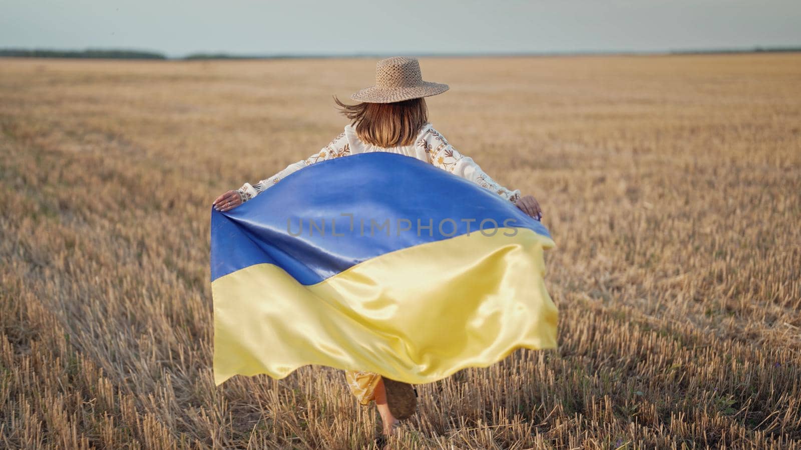Ukrainian patriot woman running with national flag in wheat field. Beautiful girl in embroidered ethnic traditional shirt. Ukraine, independence, democracy, victory in war. High quality photo