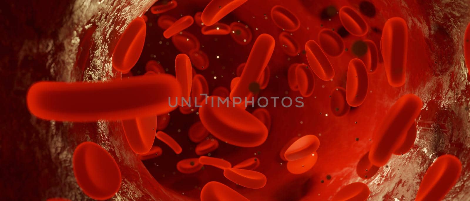 View under microscope, blood-red blood cells in a living body, 3d illustration.